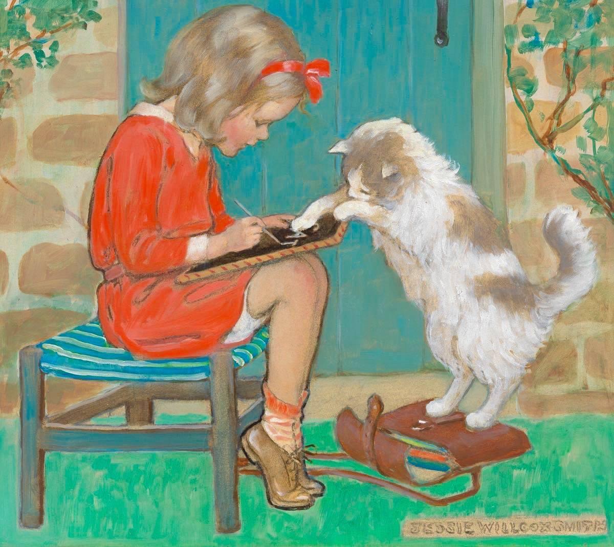 A Girl with a Cat, Good Housekeeping Cover - Painting by Jessie Willcox Smith
