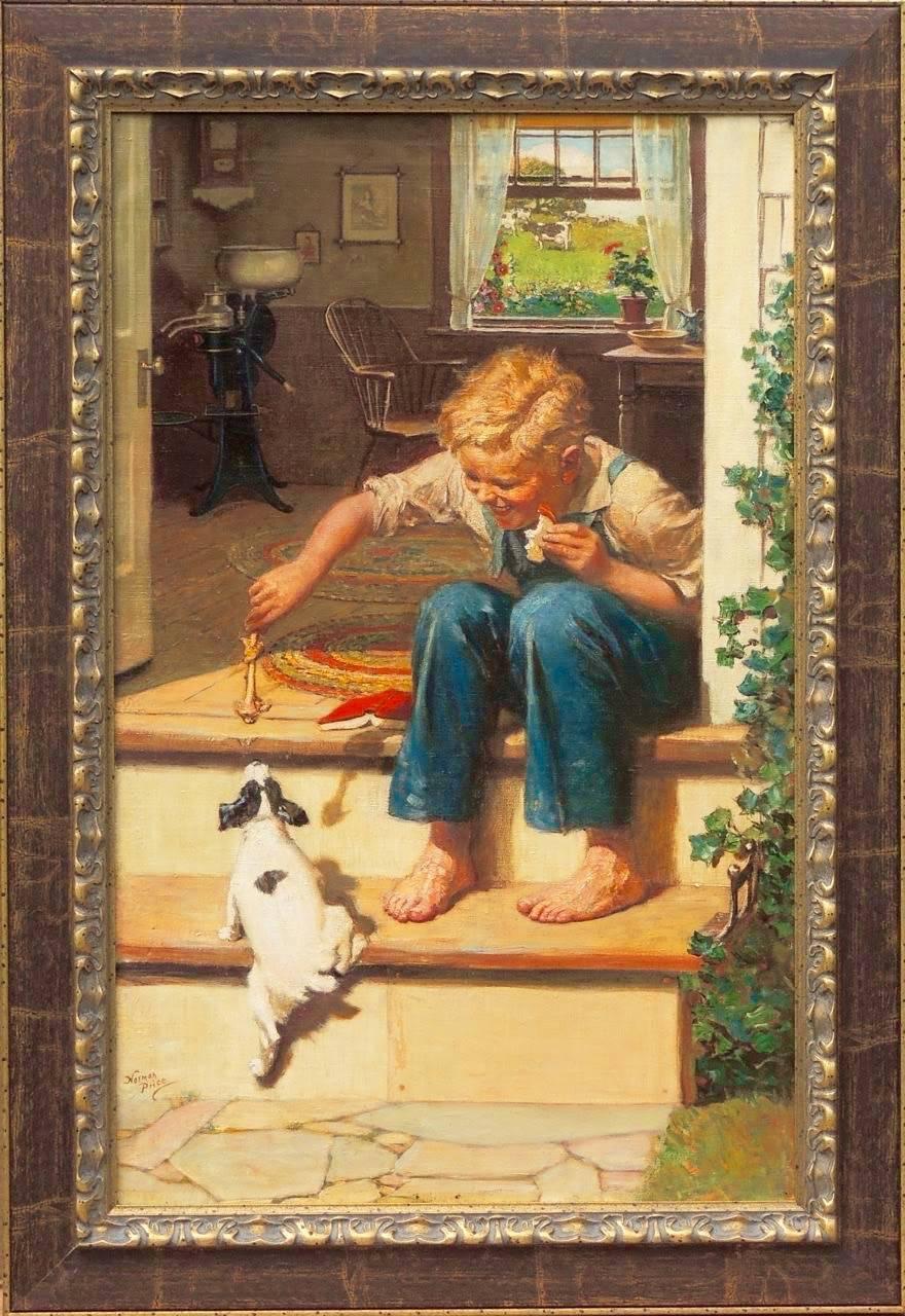 Boy Feeding Dog a Bone - Painting by Norman Price