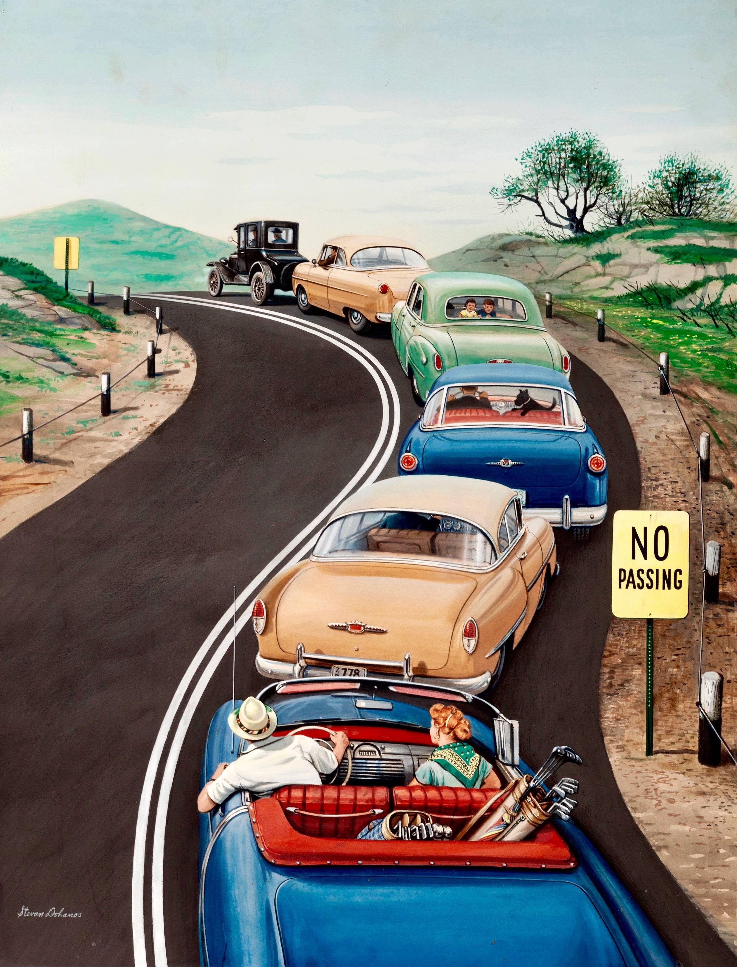 Stevan Dohanos Landscape Painting - No Passing, Saturday Evening Post Cover