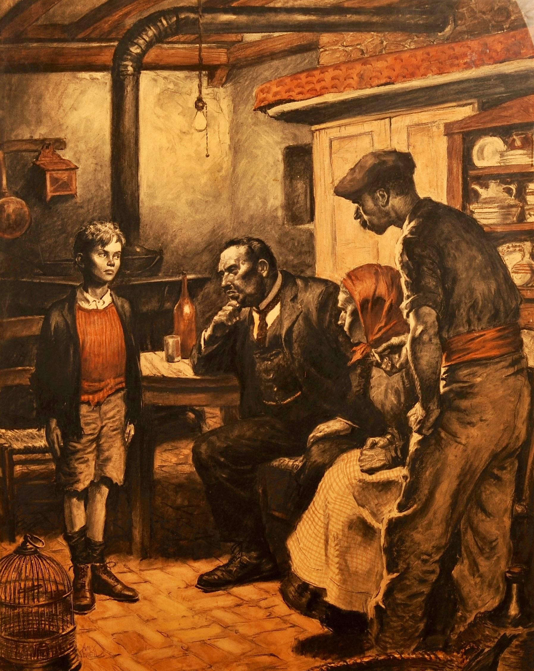 Three Men Questioning Boy - Mixed Media Art by Amos Sewell