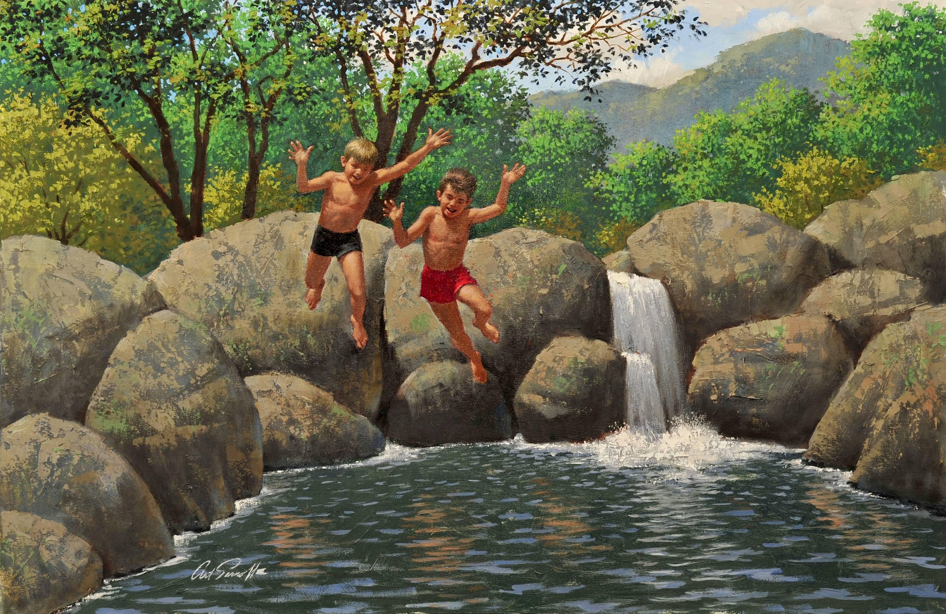 Arthur Sarnoff Landscape Painting – Kinder beim Schwimmen in einem Wasserloch