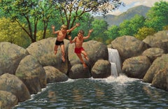 Vintage Kids Swimming in Watering Hole