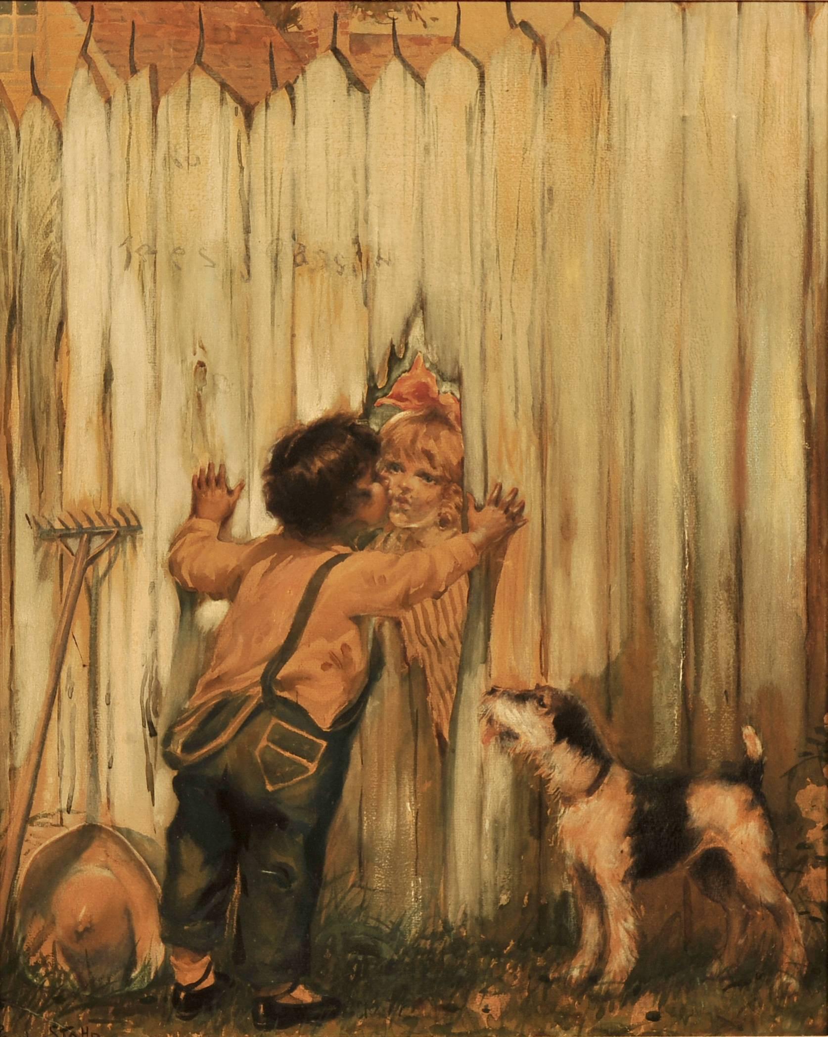 Paul C. Stahr Figurative Painting - Boy Kissing Girl Through Fence