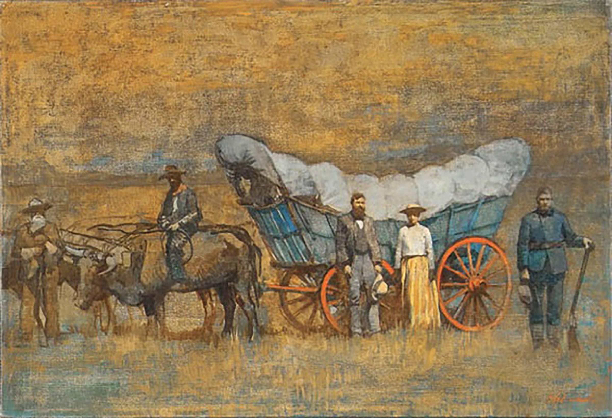 Landscape Painting Daniel B. Schwartz - Pionniers avec wagon recouvert