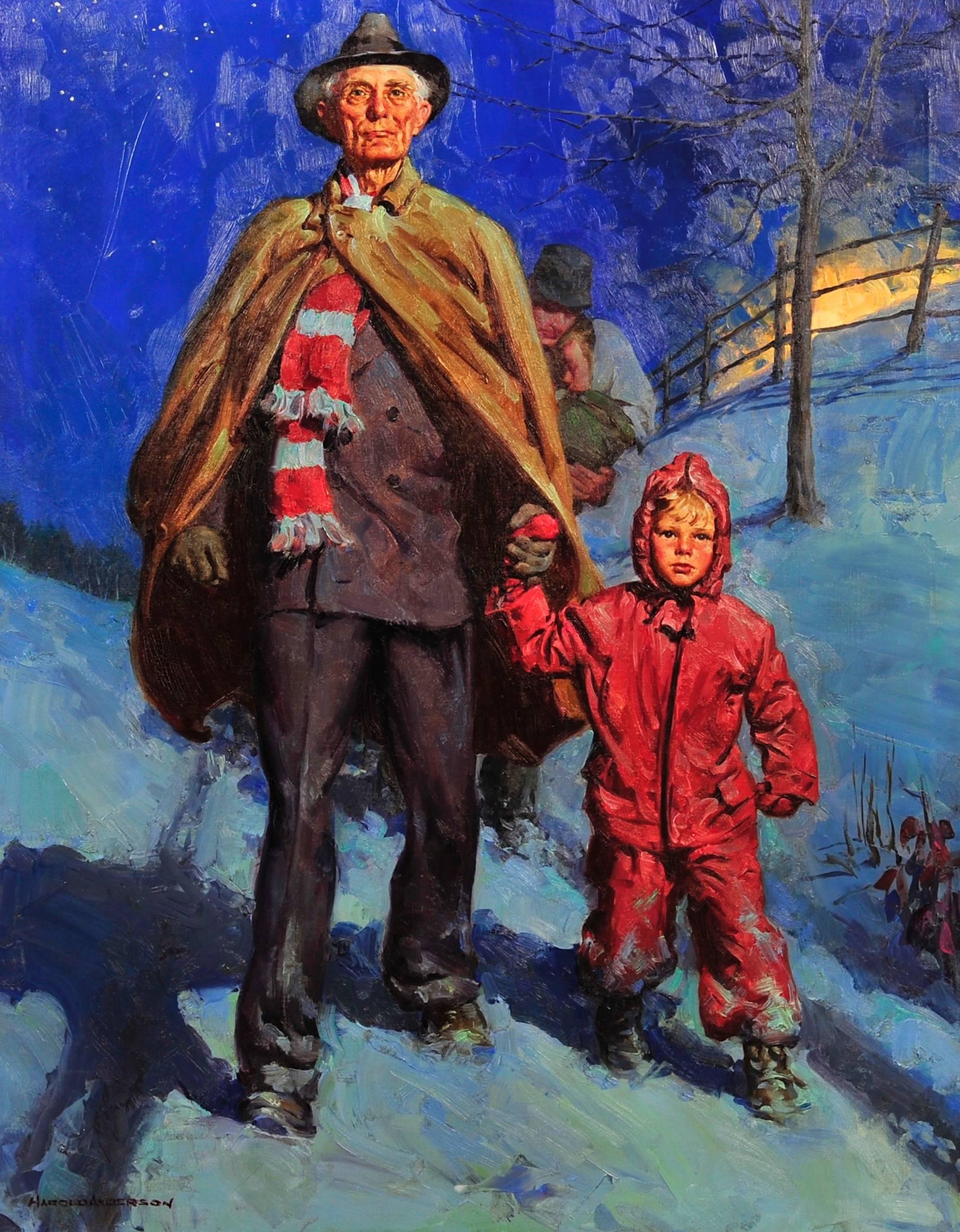 Harold Anderson Figurative Painting - Man and Grandson Walking in the Snow