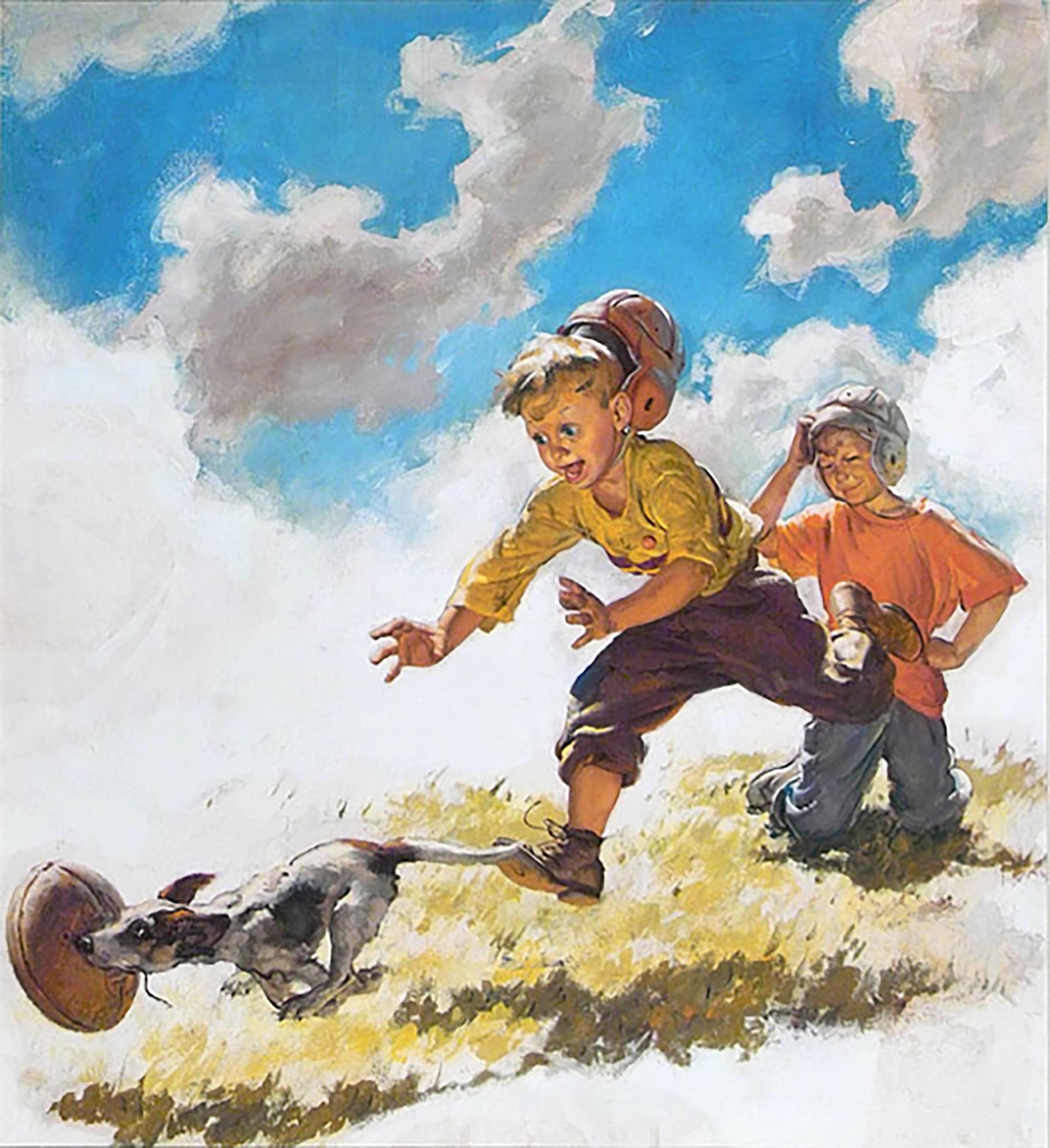 Harry Anderson Figurative Painting - Boys in Football Helmets Running After a Dog