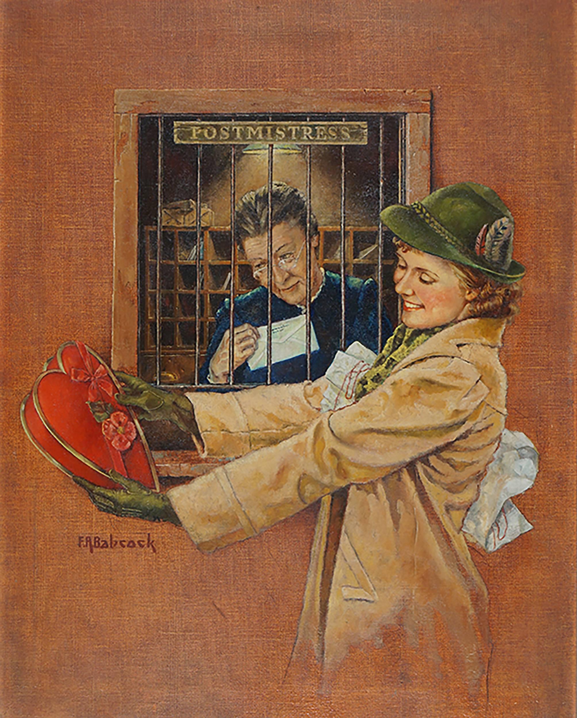 Babcock, Richard Fayerweather Portrait Painting - Woman Receiving Box of Chocolates at the Post Office, Liberty Magazine