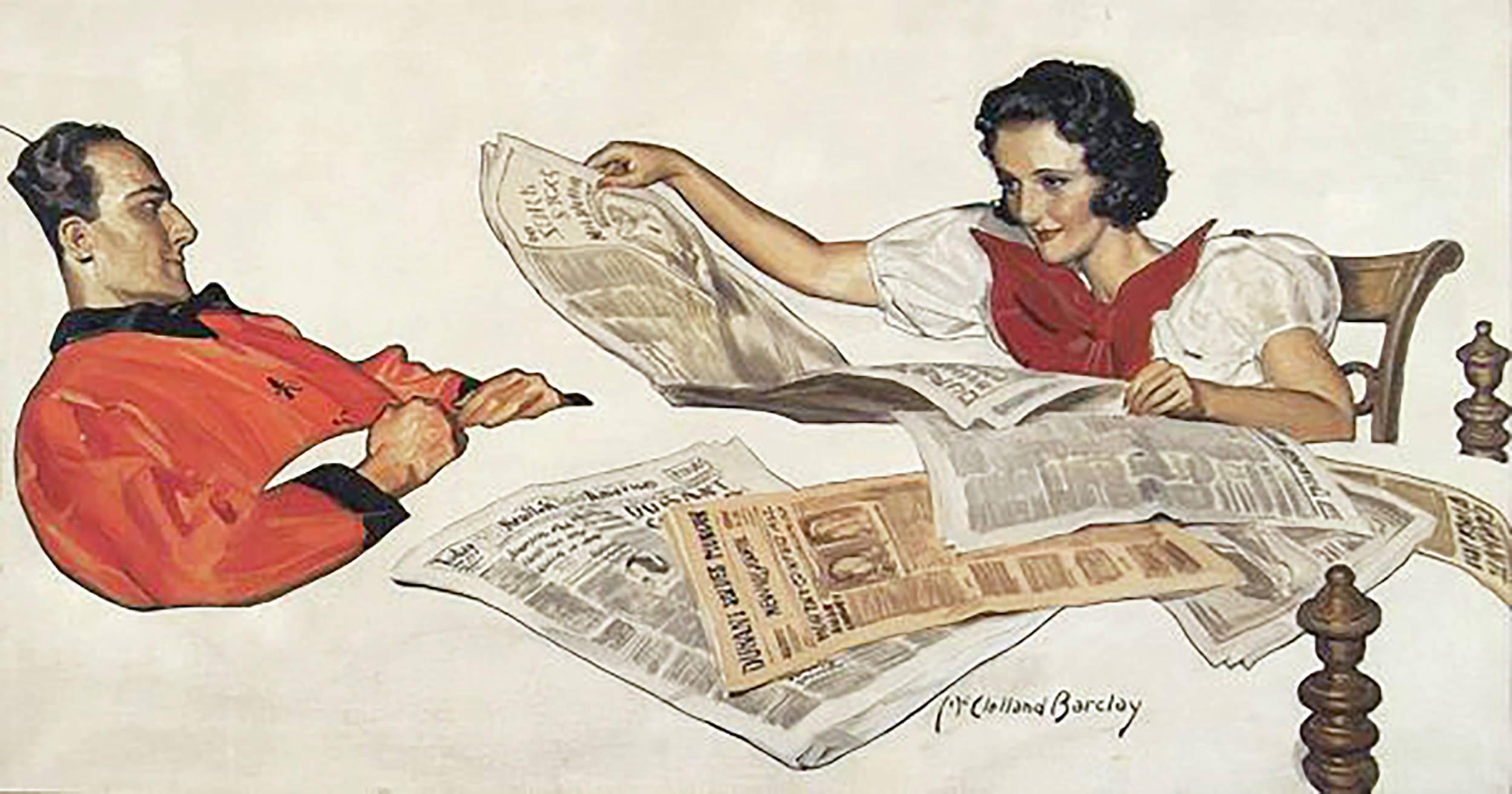 Woman Reading Newspaper to Convalescing Man
