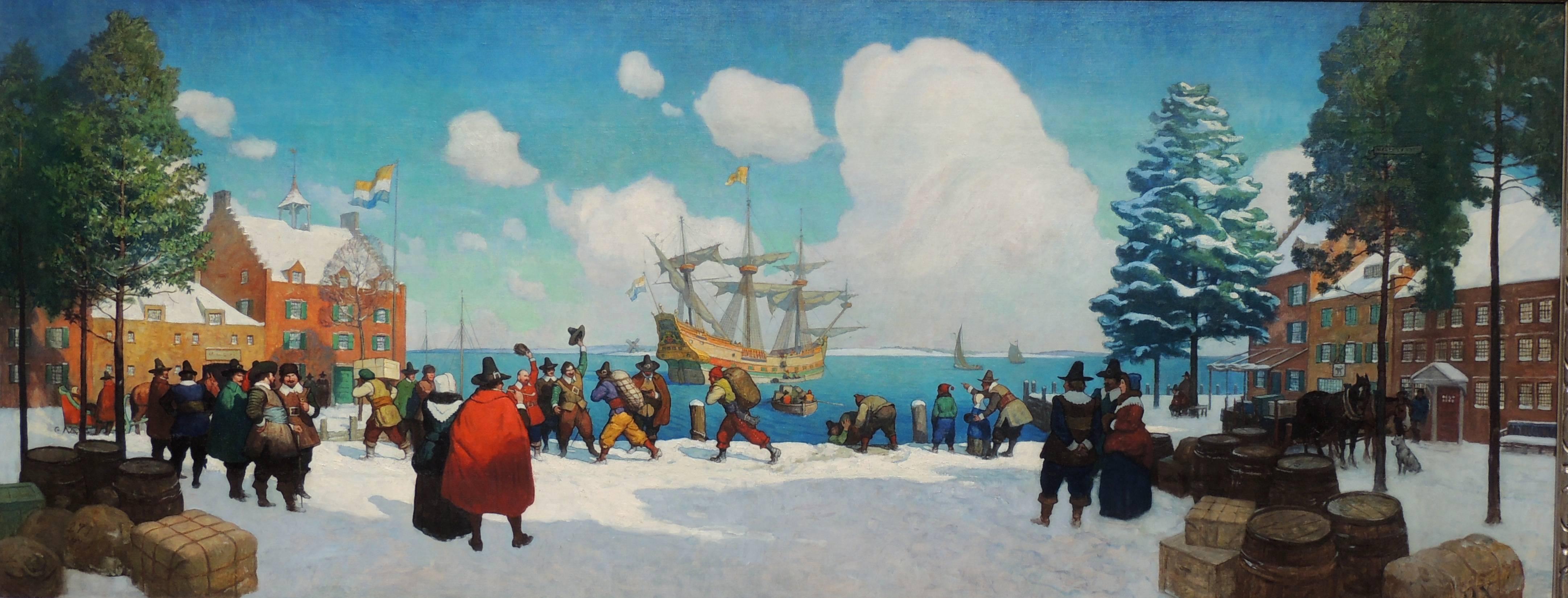 Newell Convers Wyeth Landscape Painting – Weihnachtsschiff im alten New Yorker Stil