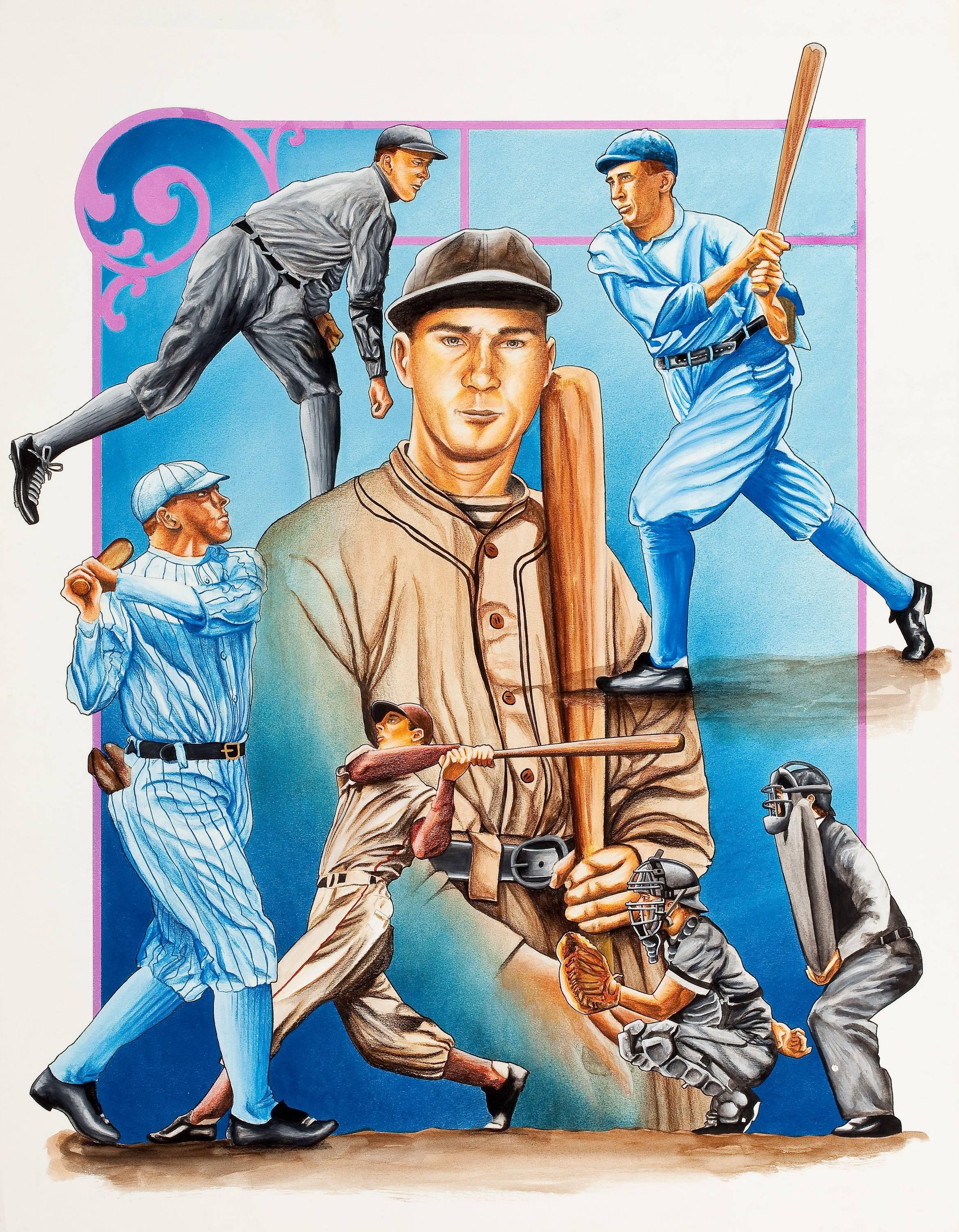 Unknown Figurative Painting - Group of Four: Baseball Themed Illustrations