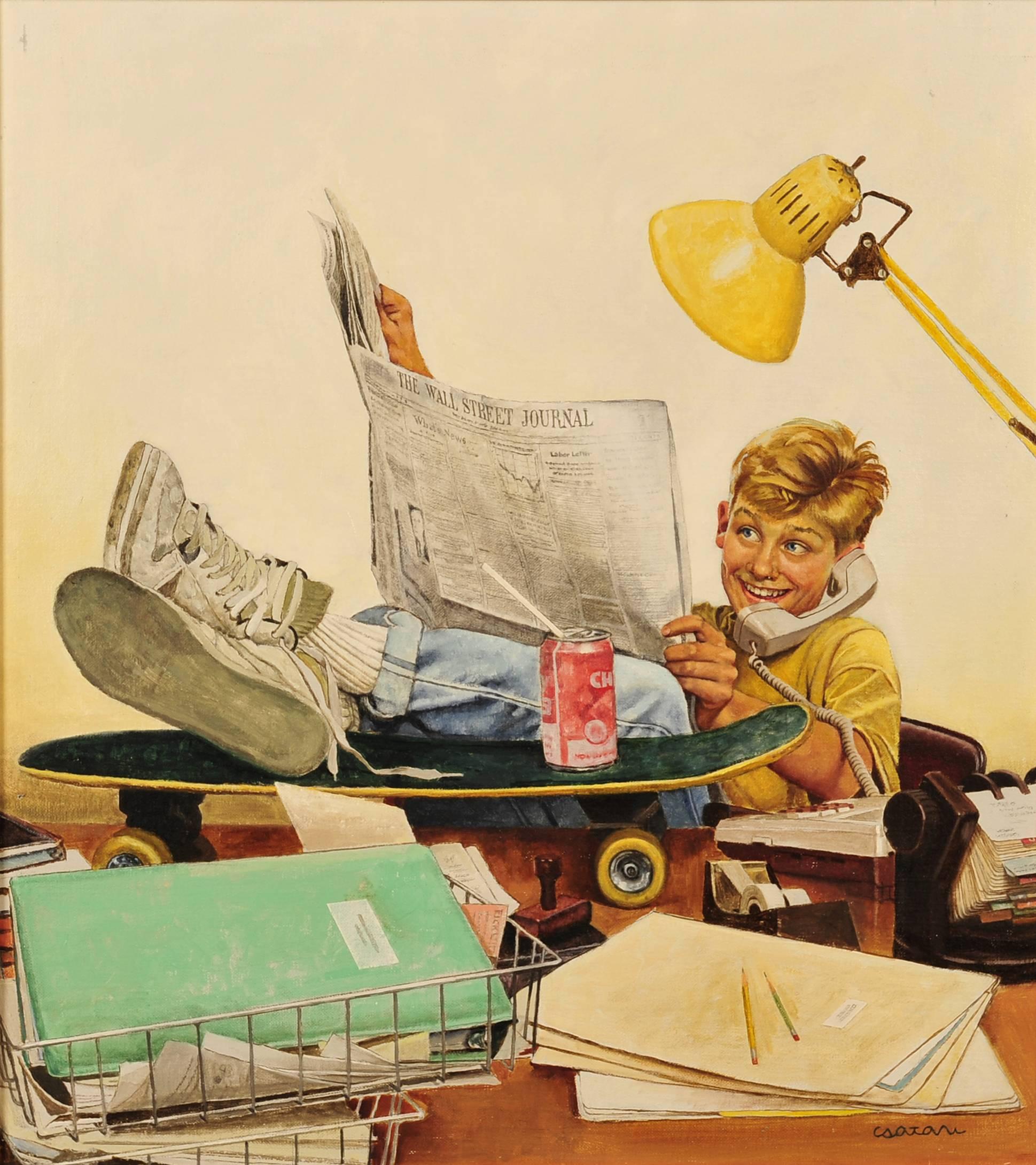 Joseph Csatari Figurative Painting - Boy With Newspaper
