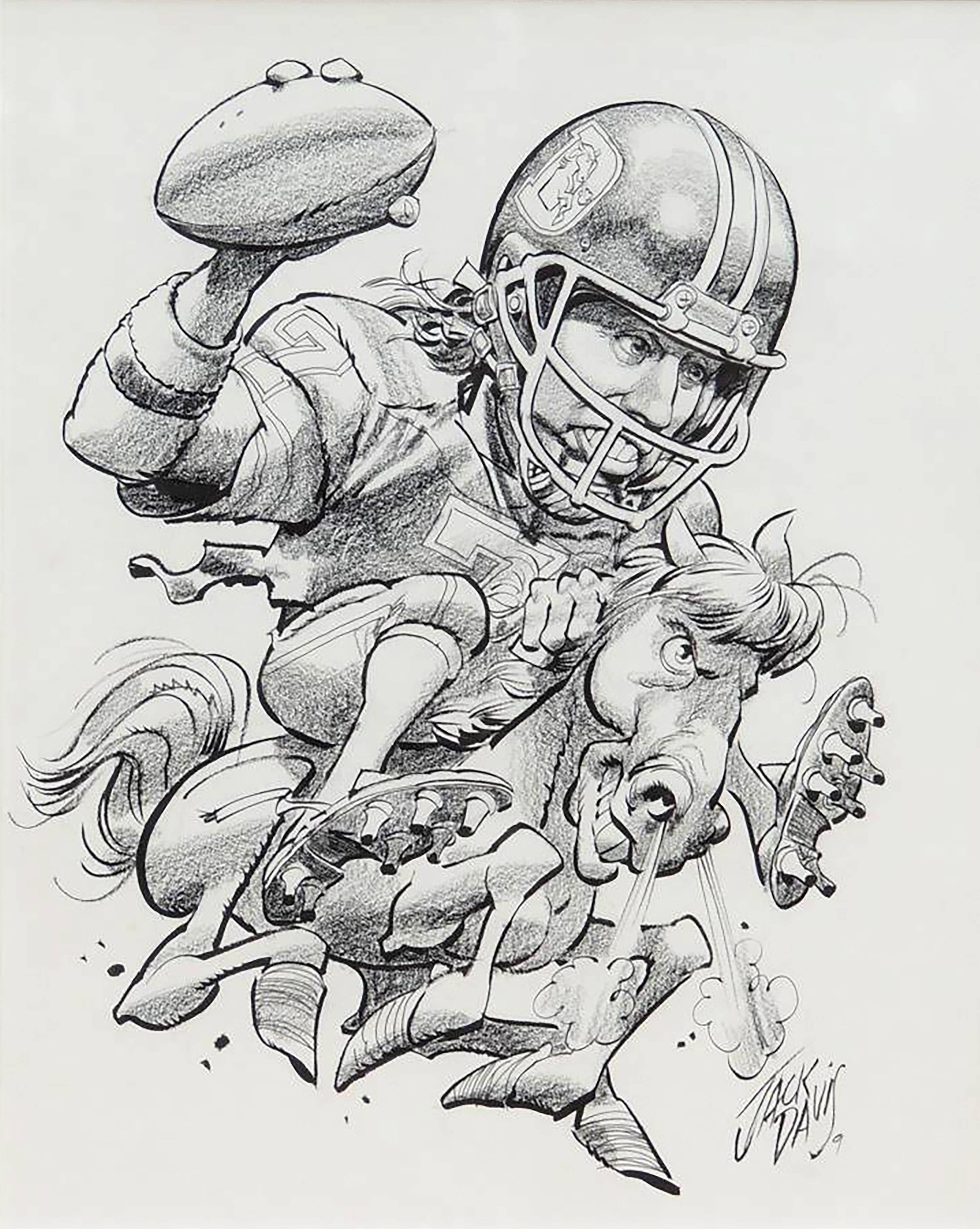 Jack Davis Portrait - Denver Broncos John Elway NFL Football Illustration; Original Art