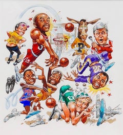 Vintage Basketball Superstars Comic Illustration; Original Art 