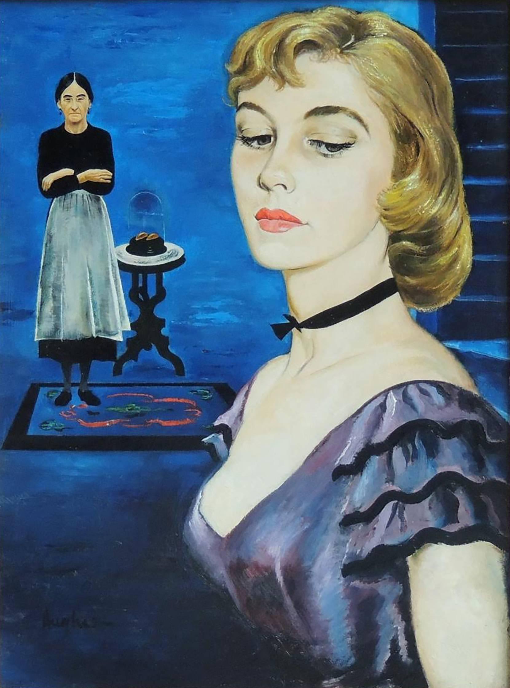 George Hughes Portrait Painting - Woman Blue Background