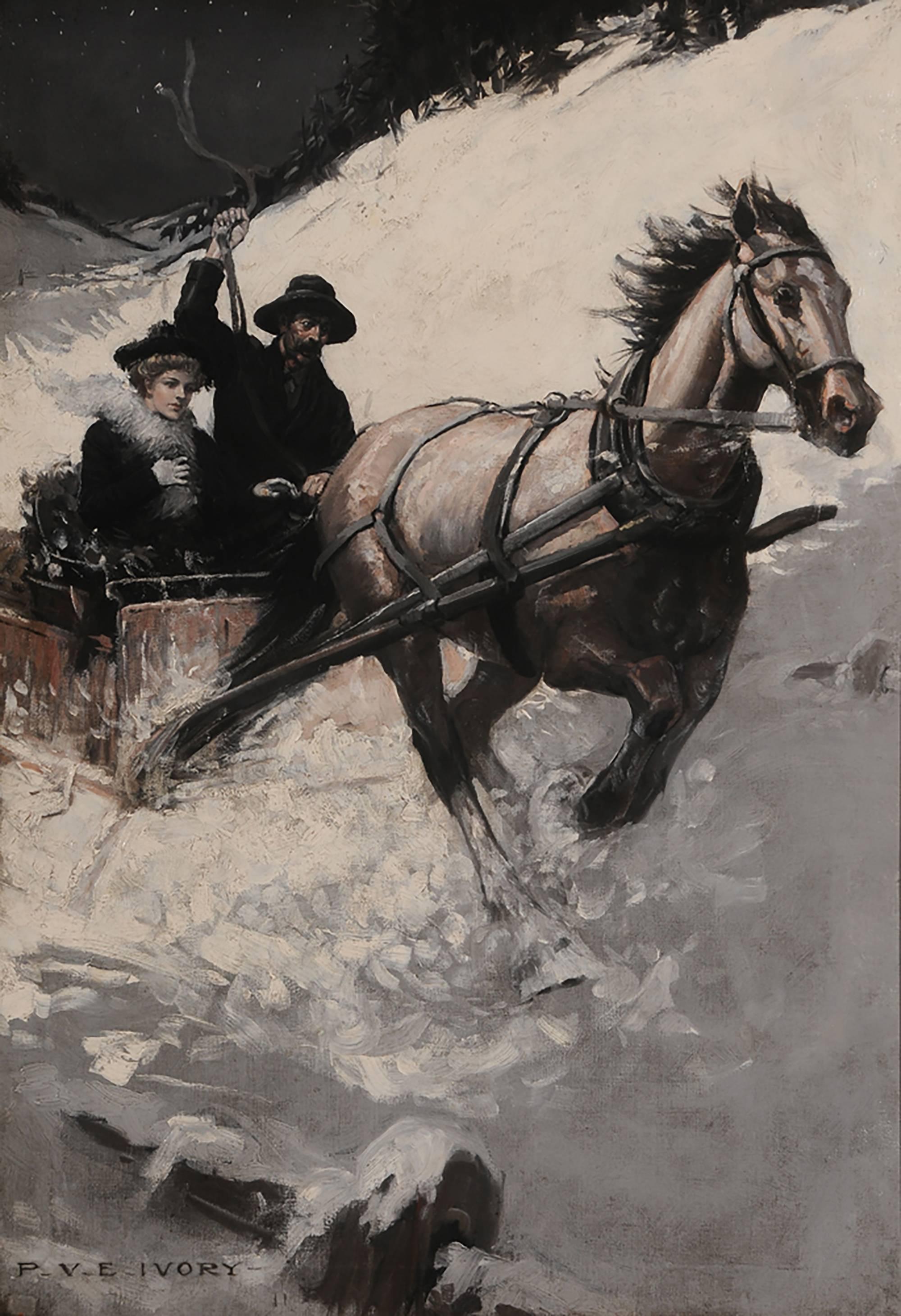 Percy van Eman Ivory Figurative Painting - Horse-Drawn Sled Racing down a Snowy Pass