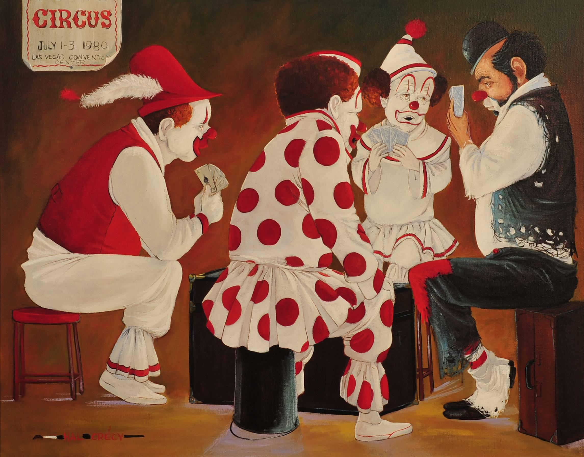 Hal Crecy Figurative Painting - Hobo & Three Clowns at Poker