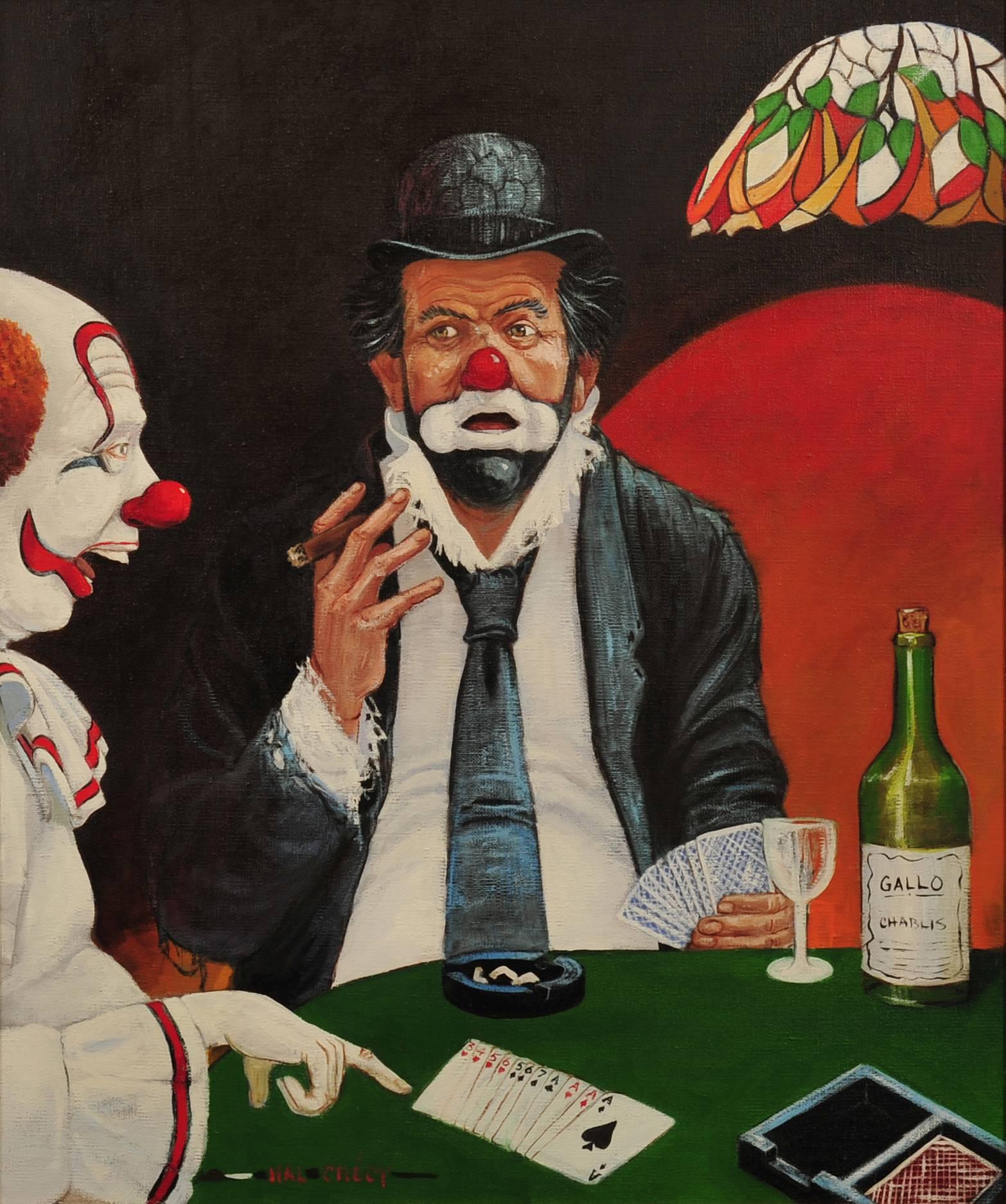 Figurative Painting di Hal Crecy - Clown che fumano sigari e giocano una partita a carte di Gin Rummy