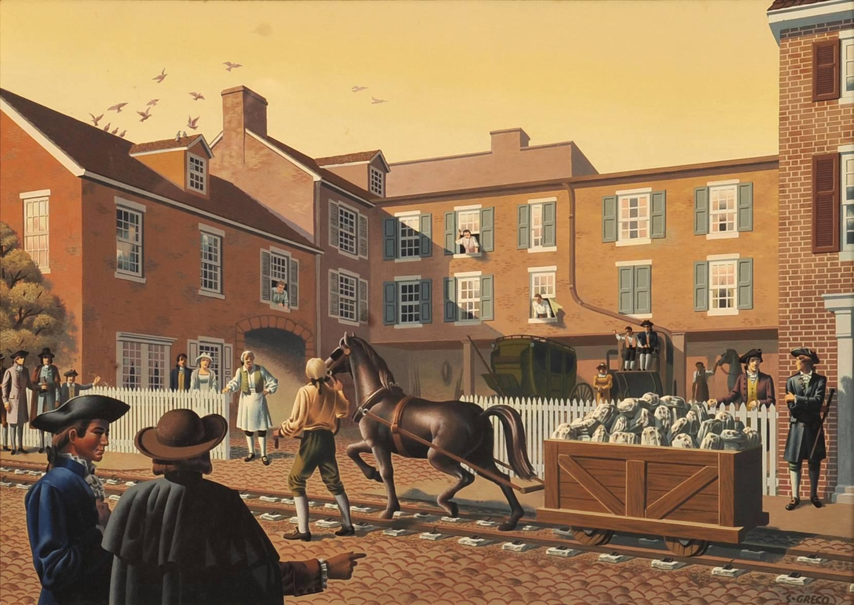 Figurative Painting di Simon Greco - "Ferrovia sperimentale che passa davanti al Bull's Head Inn" Pubblicità del whisky di Filadelfia