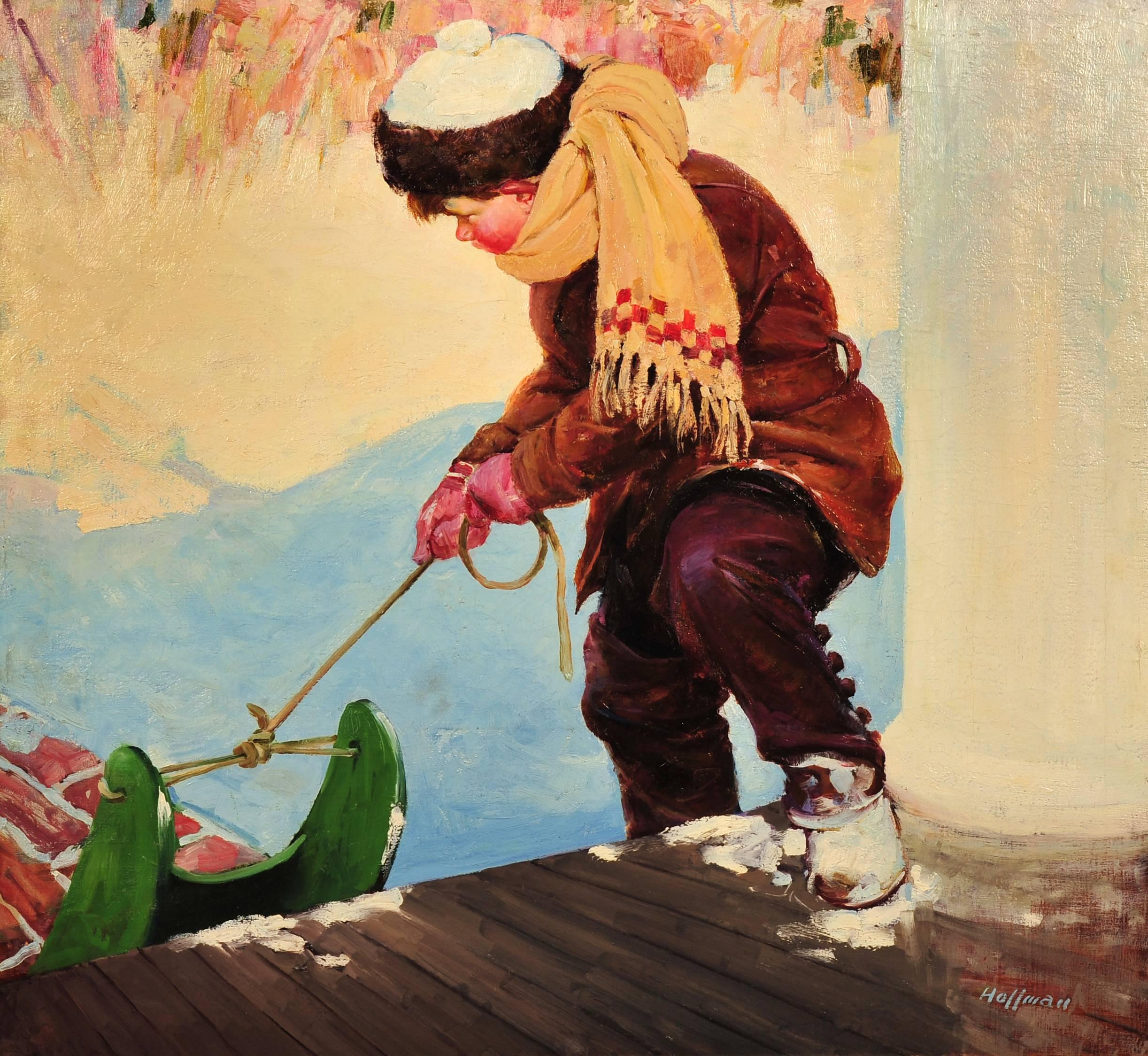Frank Hoffman Figurative Painting - Boy Pulling his Sled