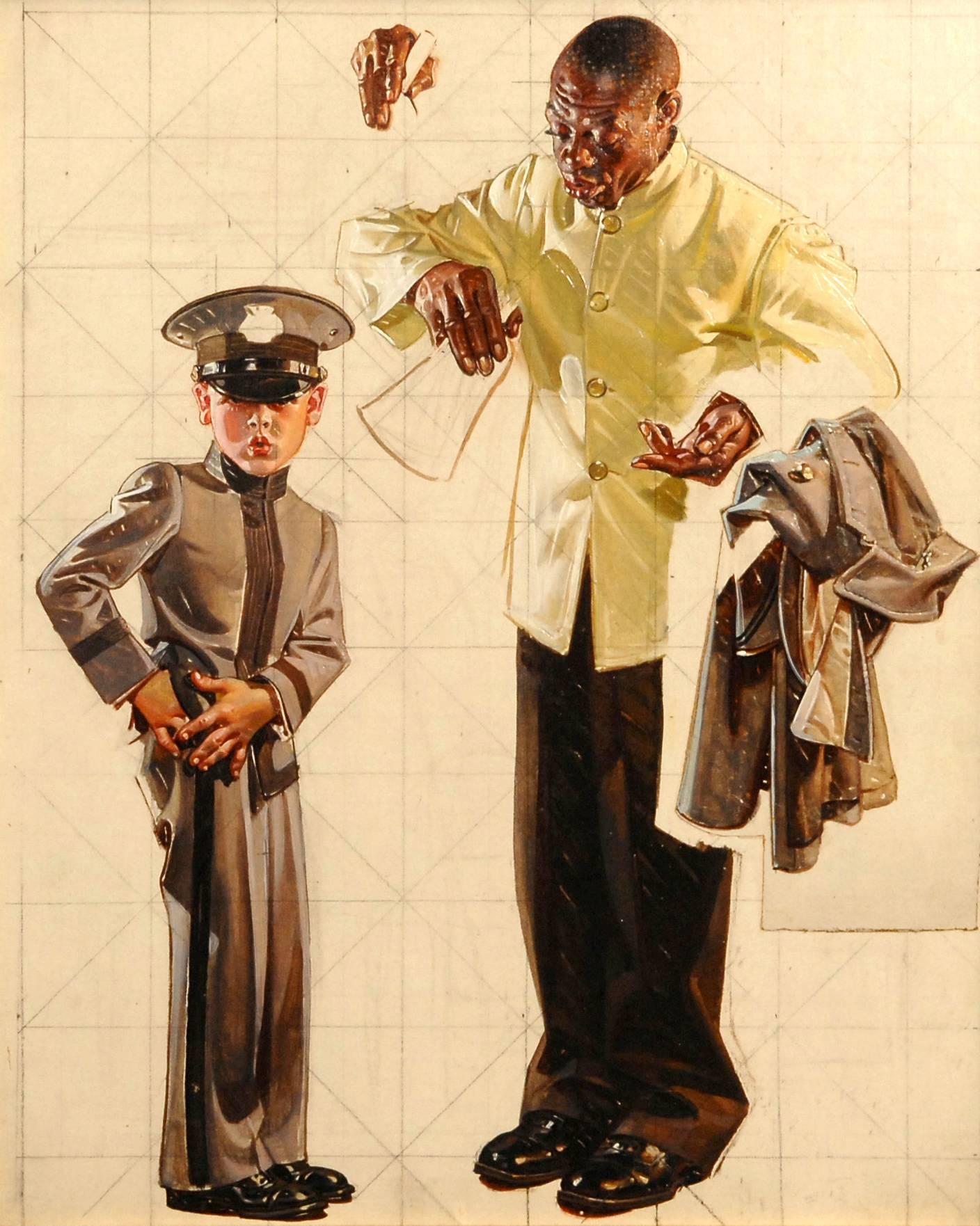 Joseph Christian Leyendecker Figurative Painting - Preliminary Study for a Saturday Evening Post Cover "Tipping the Porter"