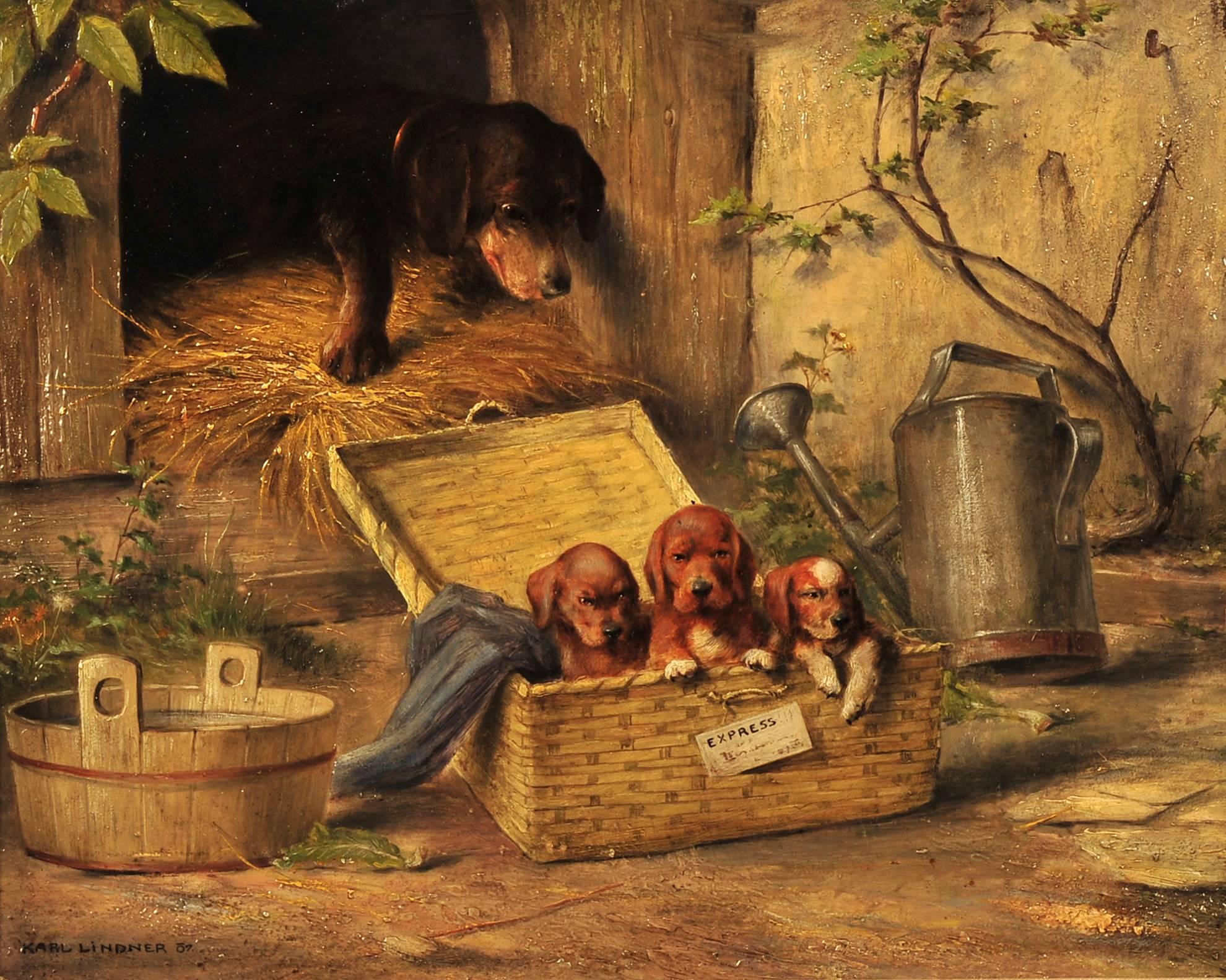 Karl Lindner (b.1871) Animal Painting - Three in Basket
