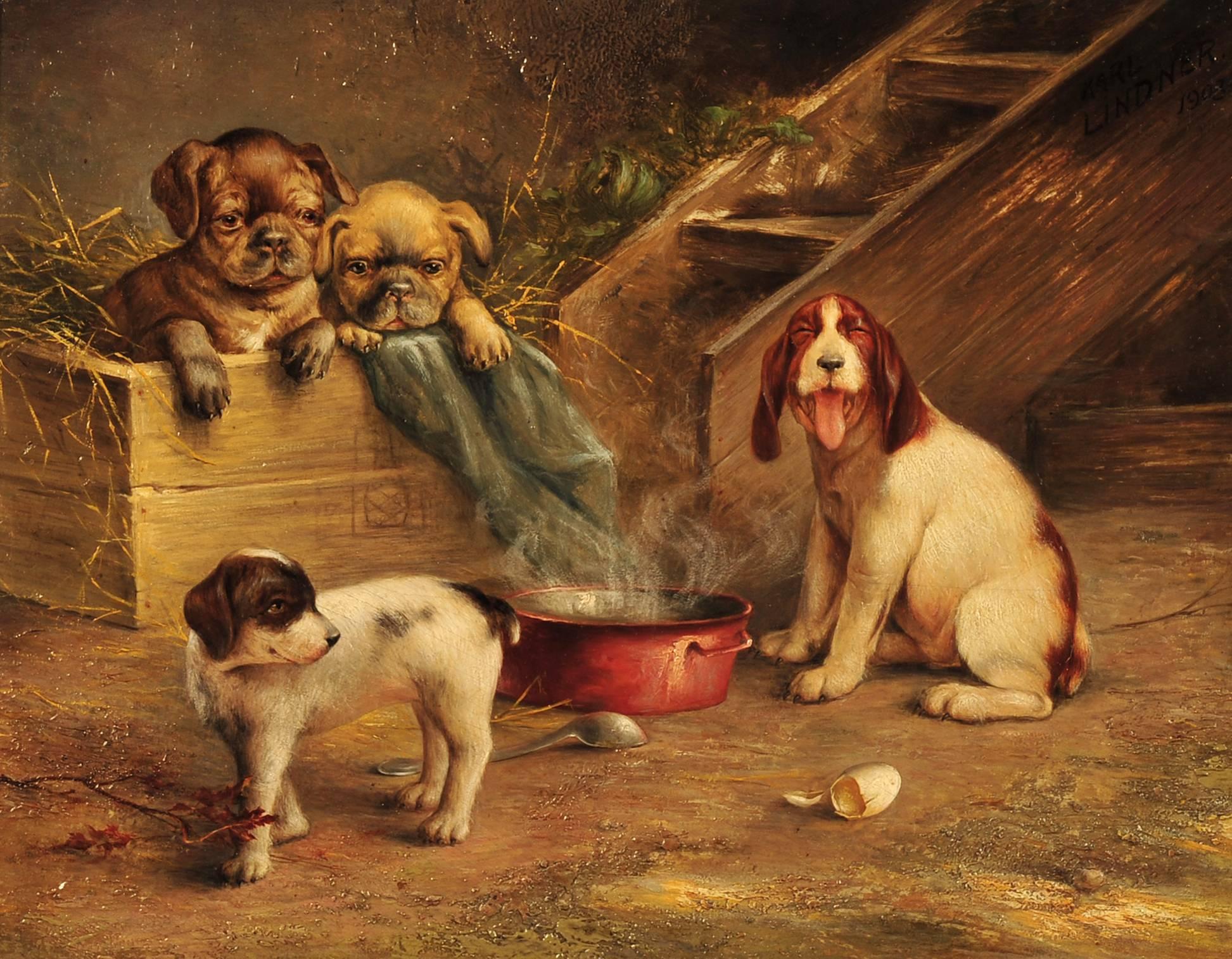 Karl Lindner (b.1871) Animal Painting – Zu heiß zum Anfassen