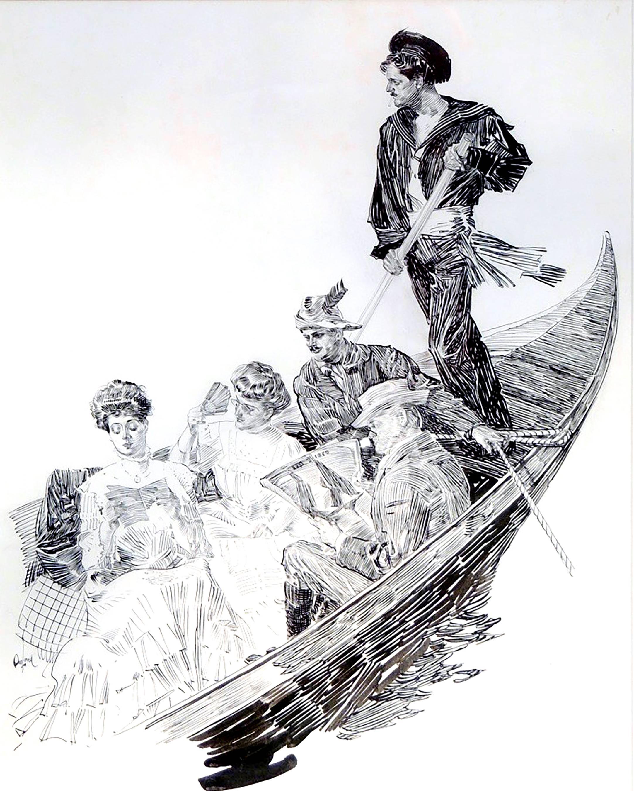 Viajeros en góndola, Venecia, Ilustración original para el libro Jerry Junior