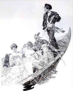 Antique Travelers in a Gondola, Venice, Original illustration for the book Jerry Junior