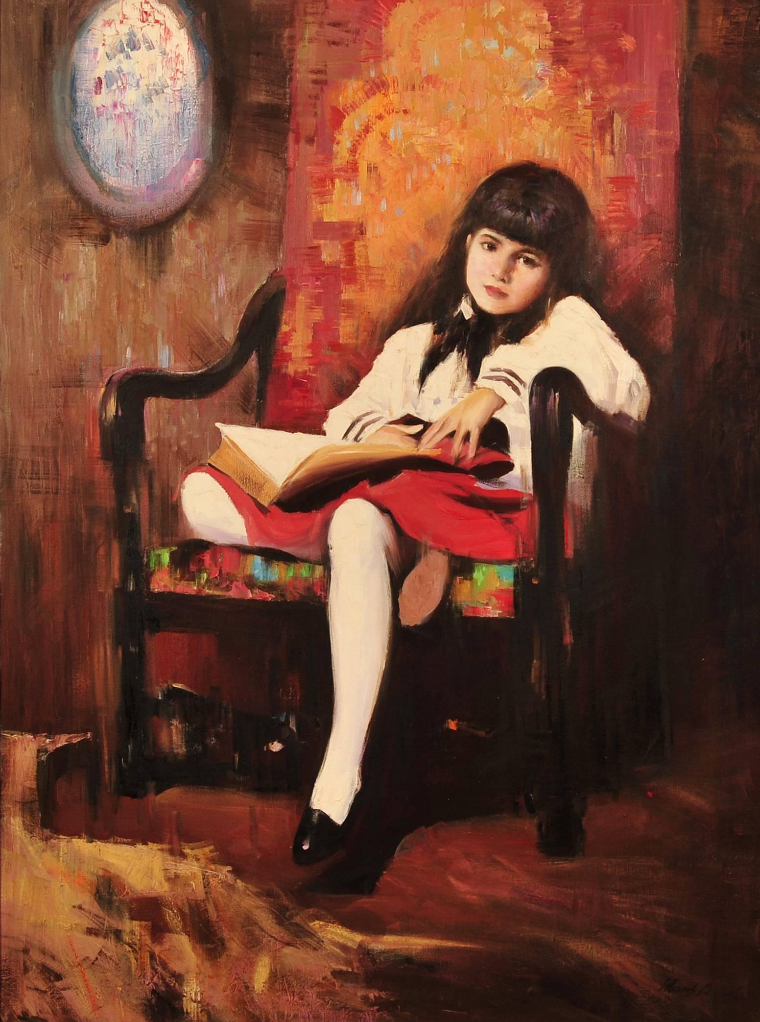 Hans Amis Portrait Painting – Porträt eines Mädchens in einem roten Stuhl