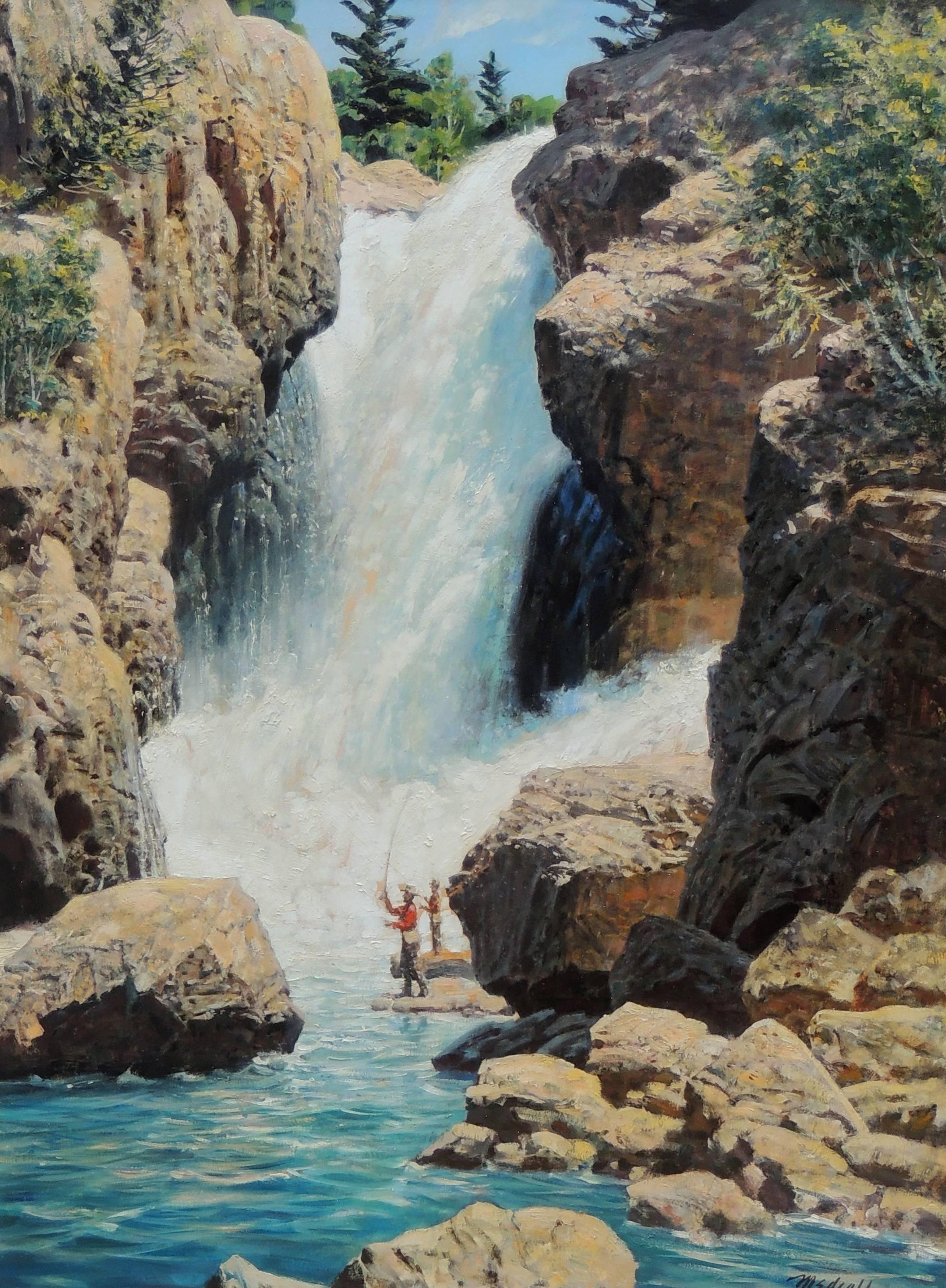 William (Bill) Medcalf Landscape Painting - Fishing Under the Waterfall