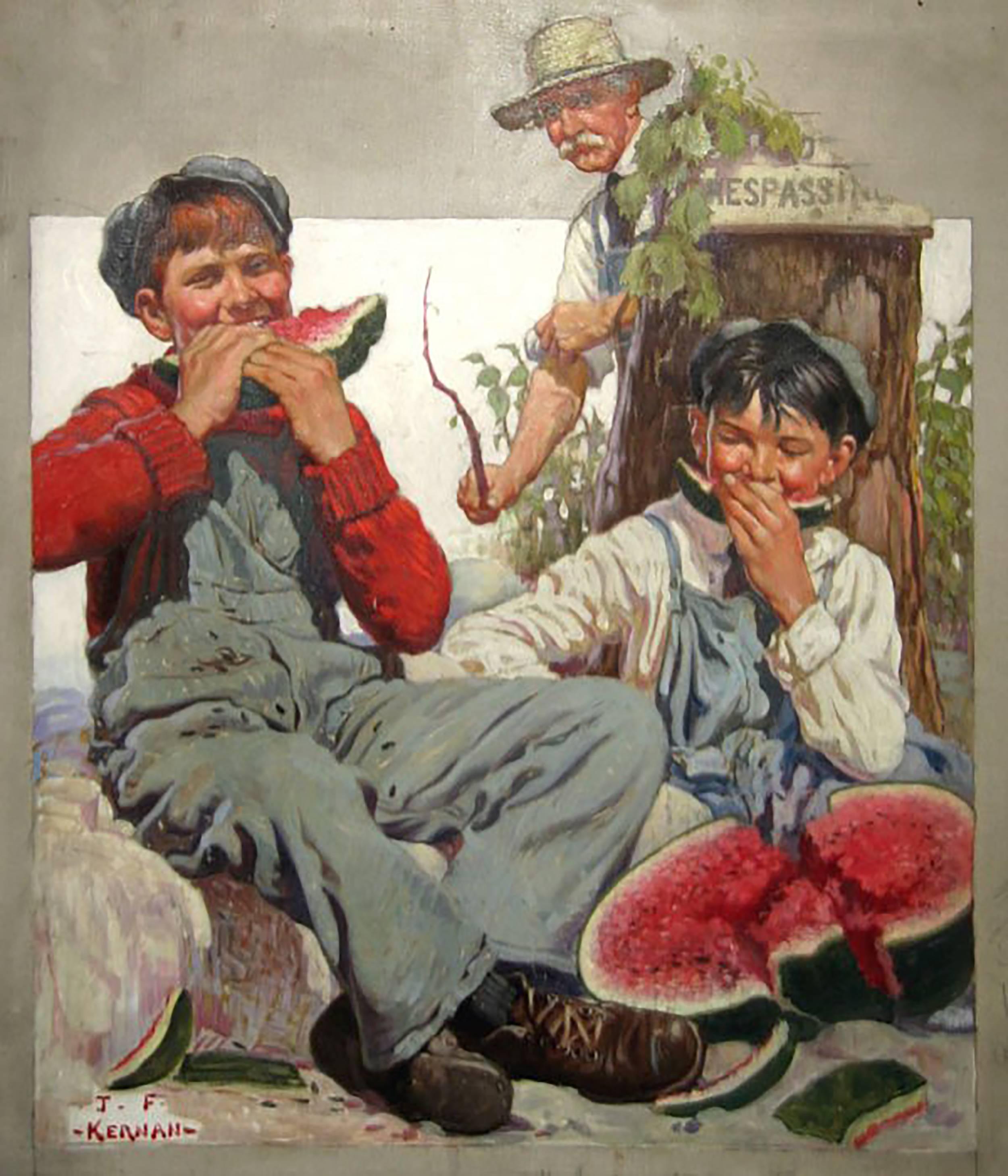 Joseph Francis Kernan Figurative Painting - Young Boys Trespassing & Eating Watermelon