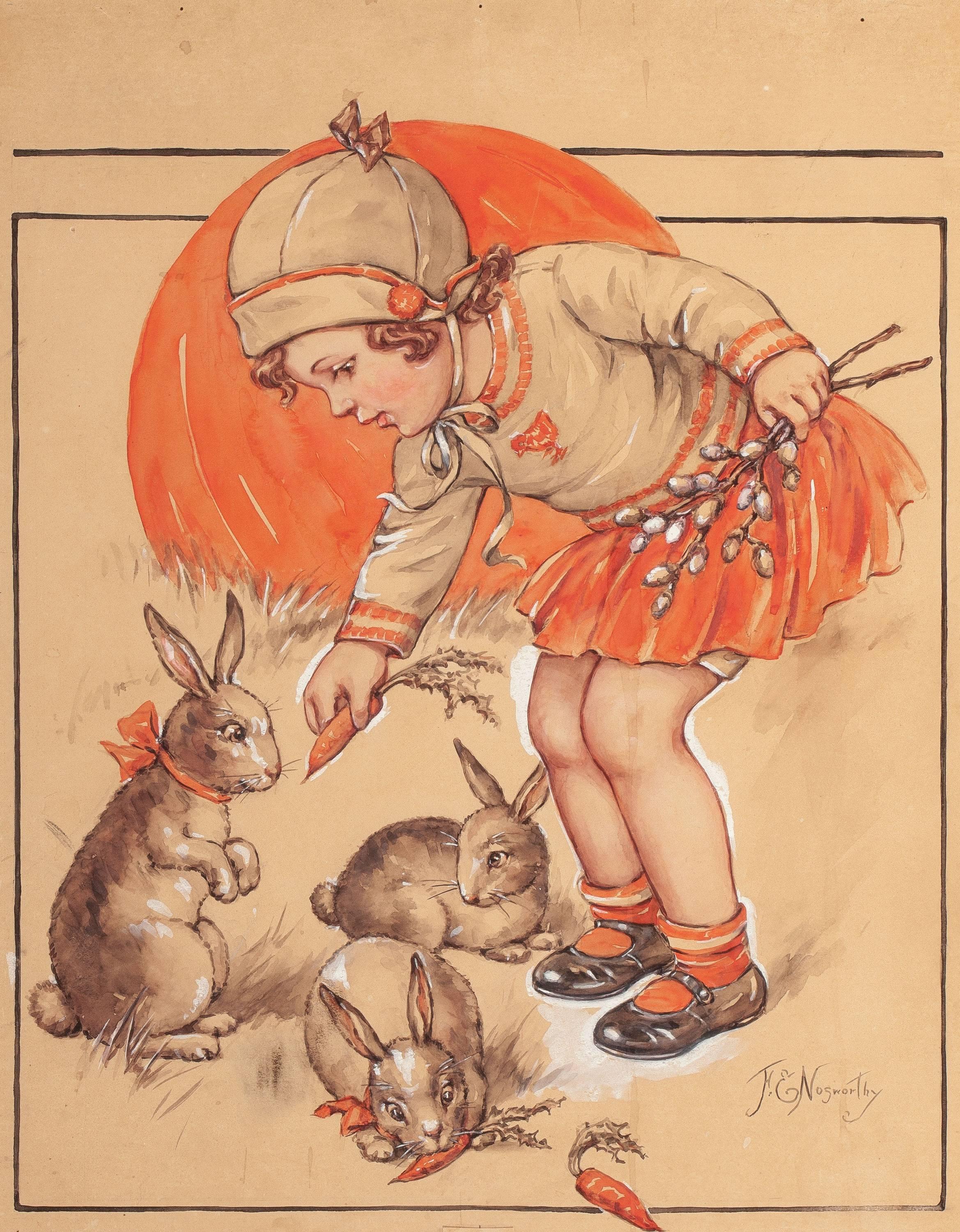 Florence E. Nosworthy Animal Art - Little Girl Feeding the Bunnies, Probable Magazine Cover