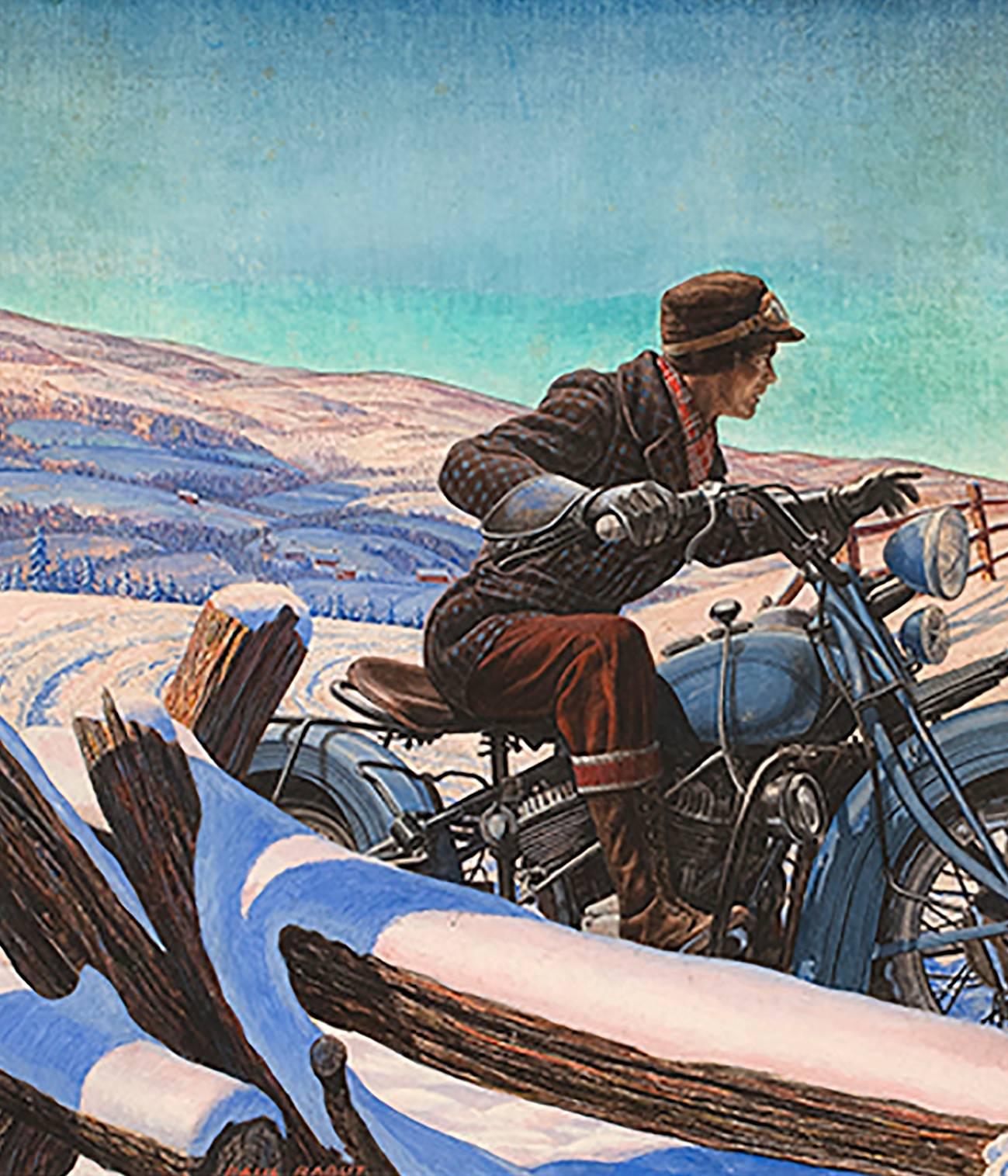 Paul Rabut Figurative Painting - Man on Early Motorcycle