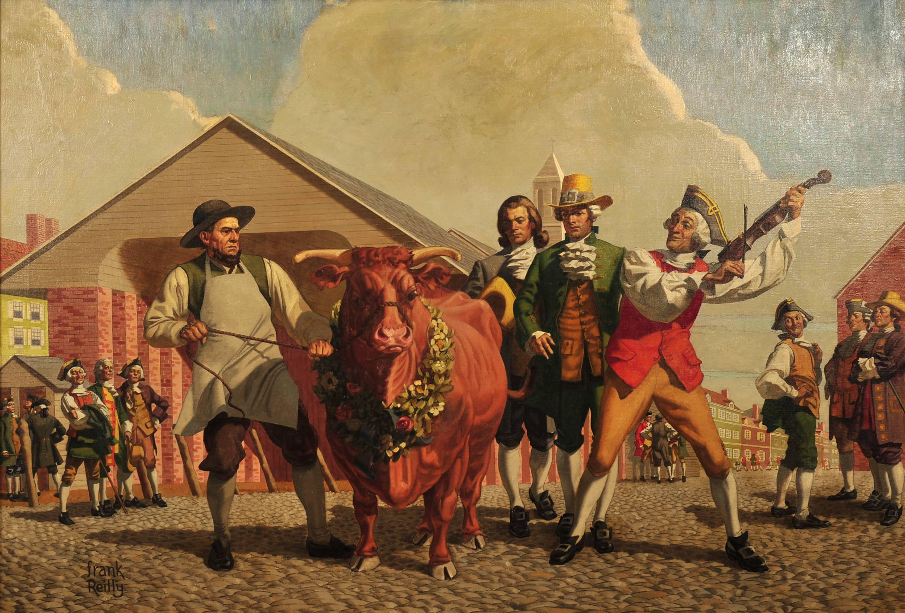 Figurative Painting Frank J. Reilly - Colonistes et taureau de récompense