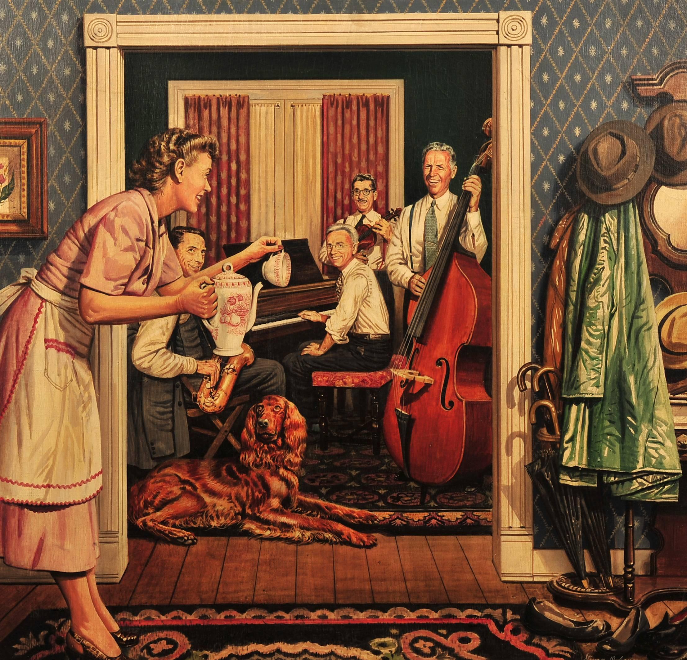 Stevan Dohanos Figurative Painting – Friday Night oder The Band, Maxwell-Couchtisch-Werbung