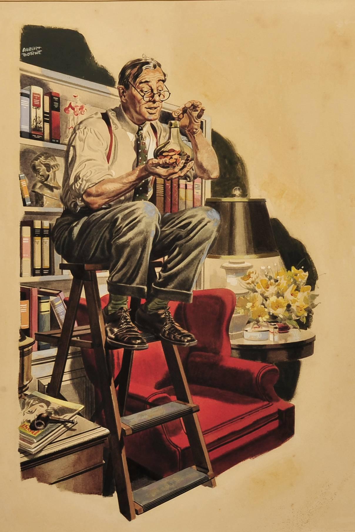 Albert L. Dorne Figurative Painting - Man on Ladder in Library
