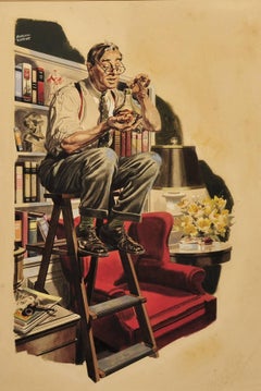 Vintage Man on Ladder in Library