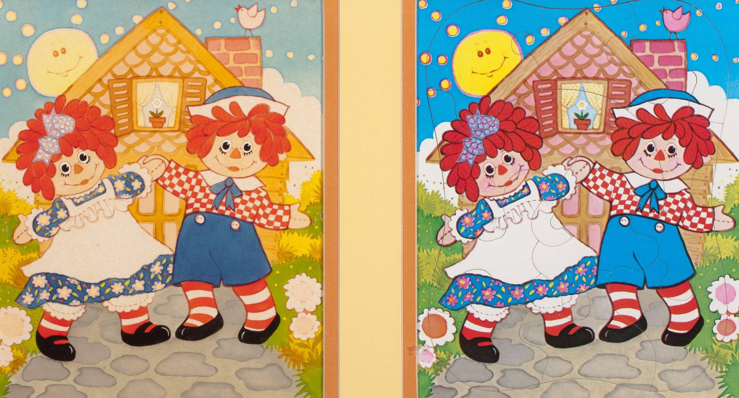 Unknown Figurative Art - Raggedy Ann and Andy, Original Drawing and Puzzle Diptych