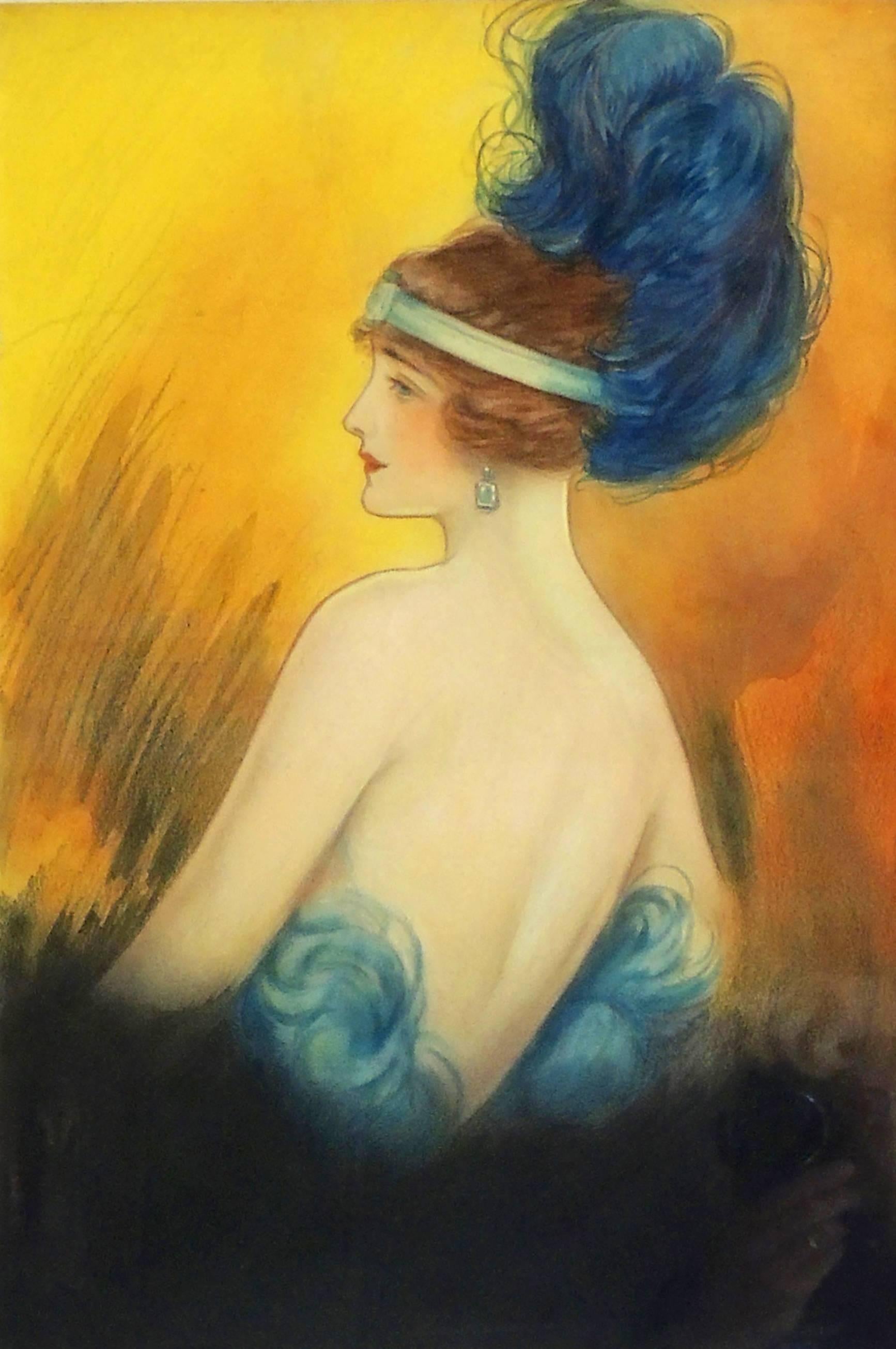 Clara Peck Figurative Art - Flapper Era Woman with Feathered Headdress