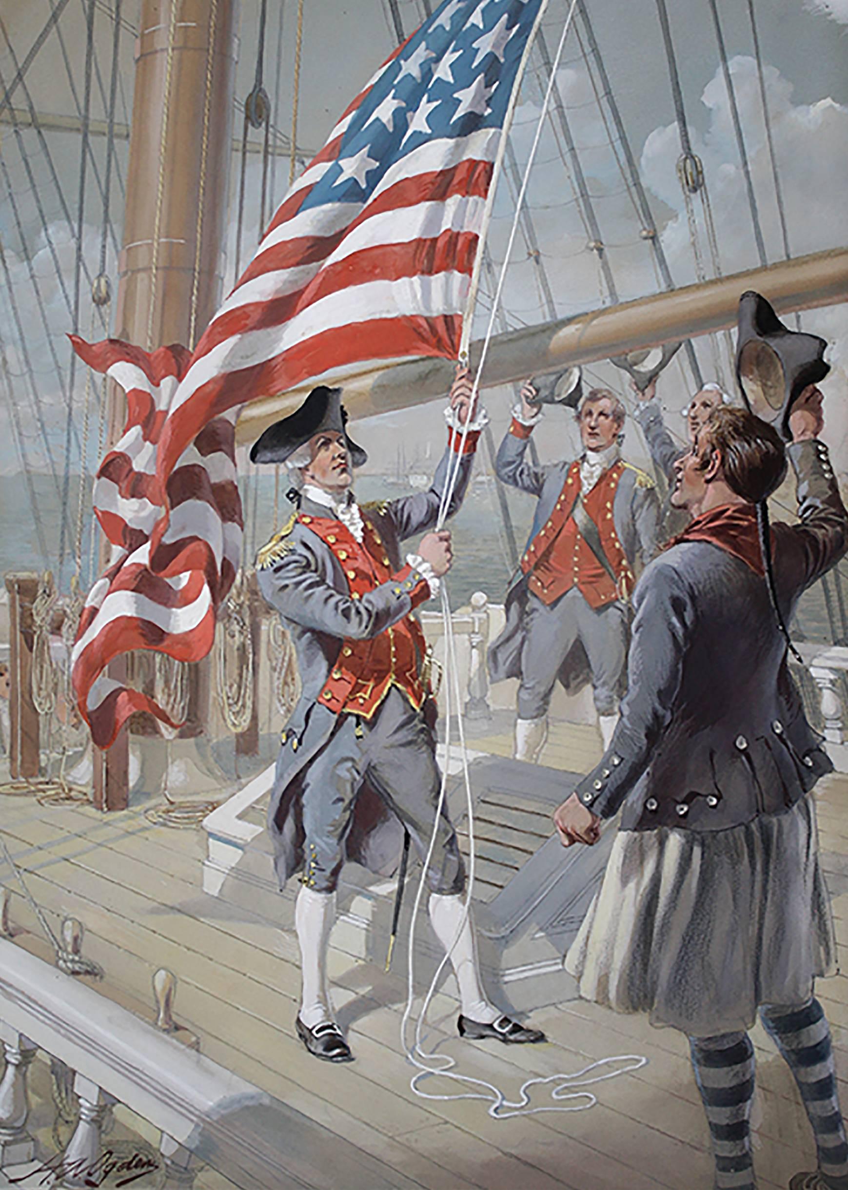 Henry A. Ogden Figurative Painting - Raising the Flag Over a Colonial Ship