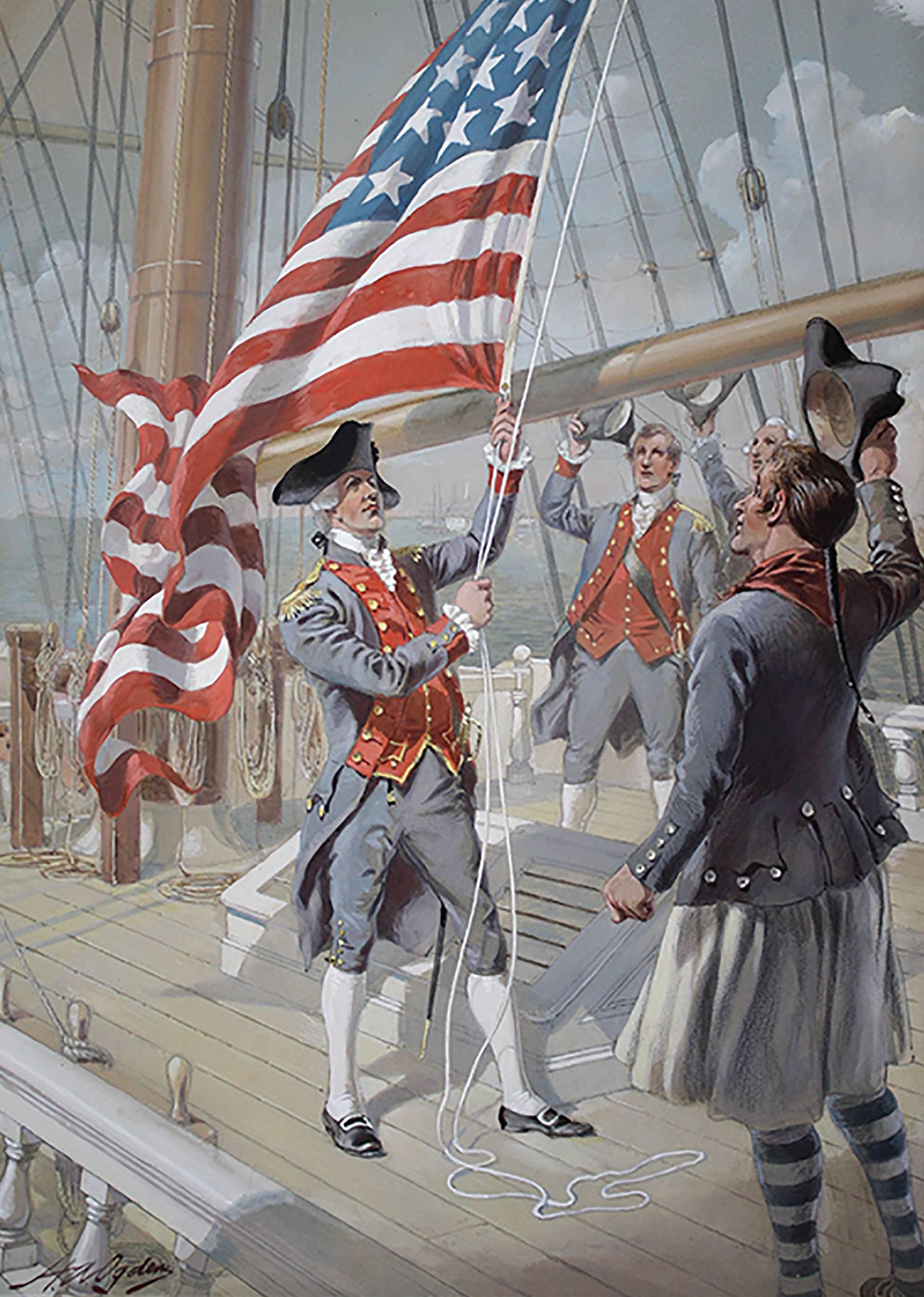 Figurative Painting di Henry A. Ogden - Alzare la bandiera su una nave coloniale