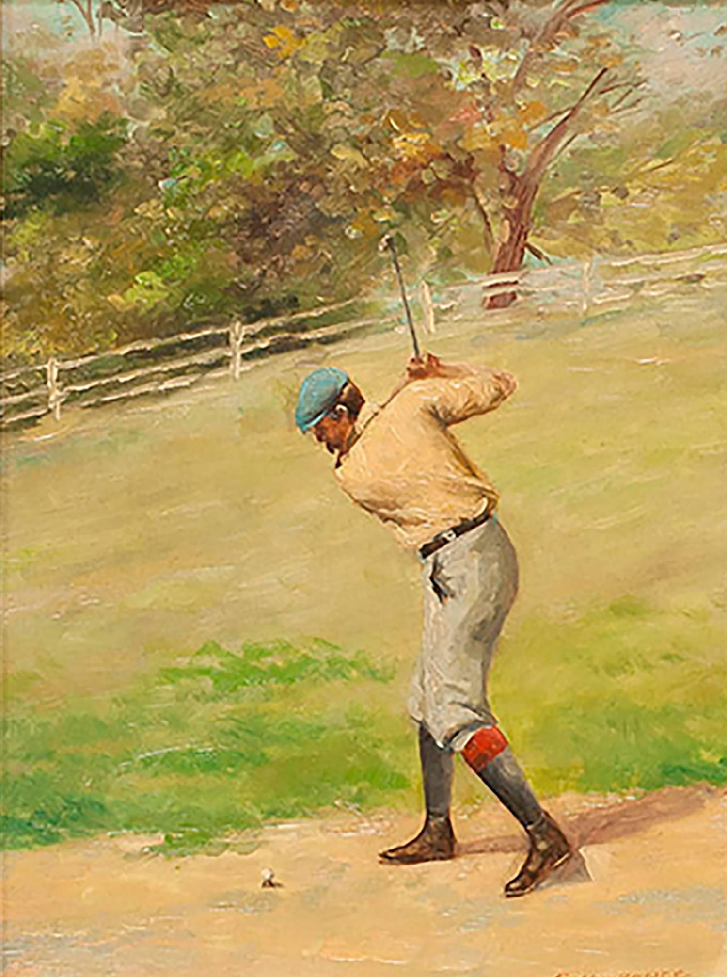 Unknown Figurative Painting - Blue Hatted Golfer