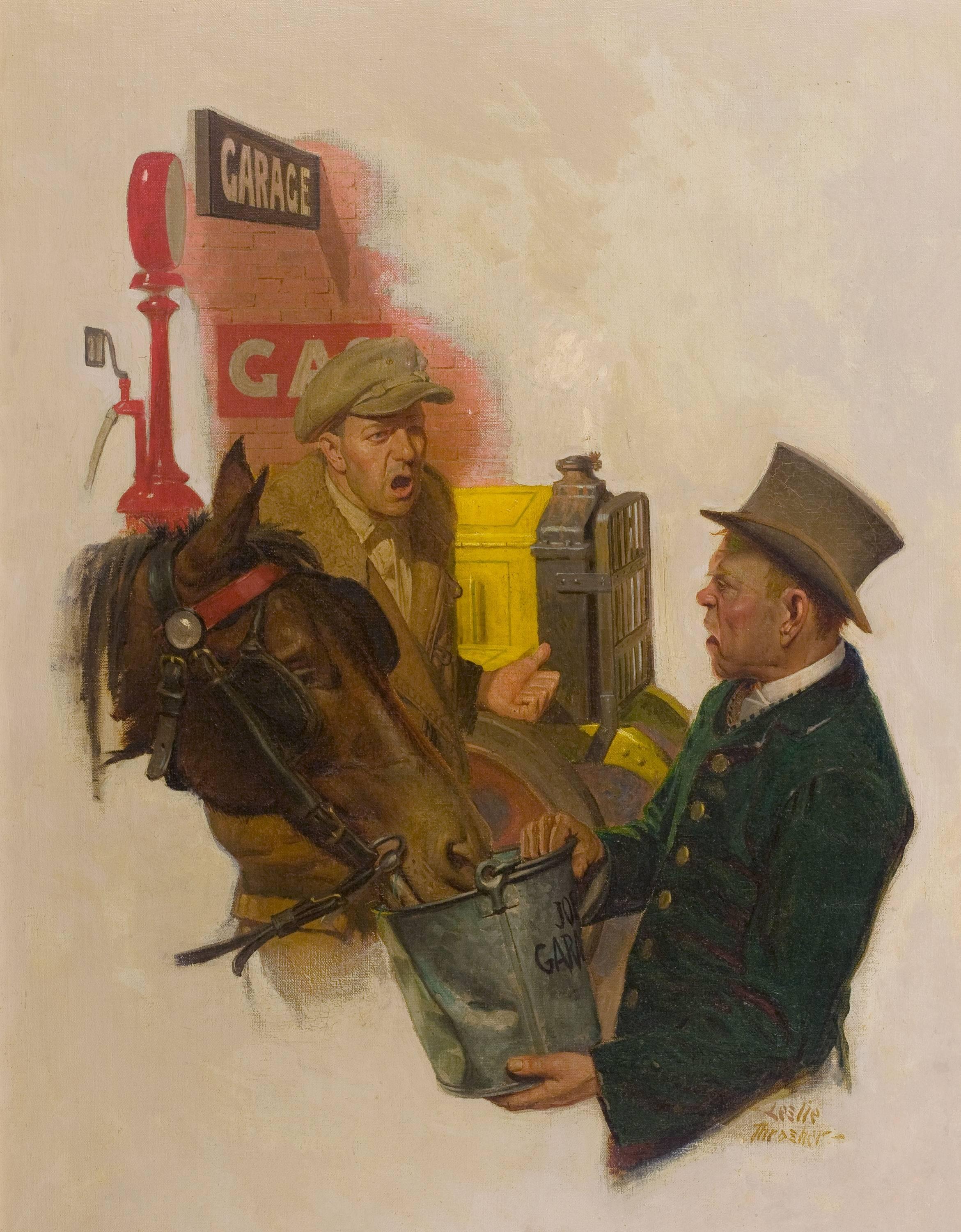 Leslie Thrasher Figurative Painting - Trouble at the Garage