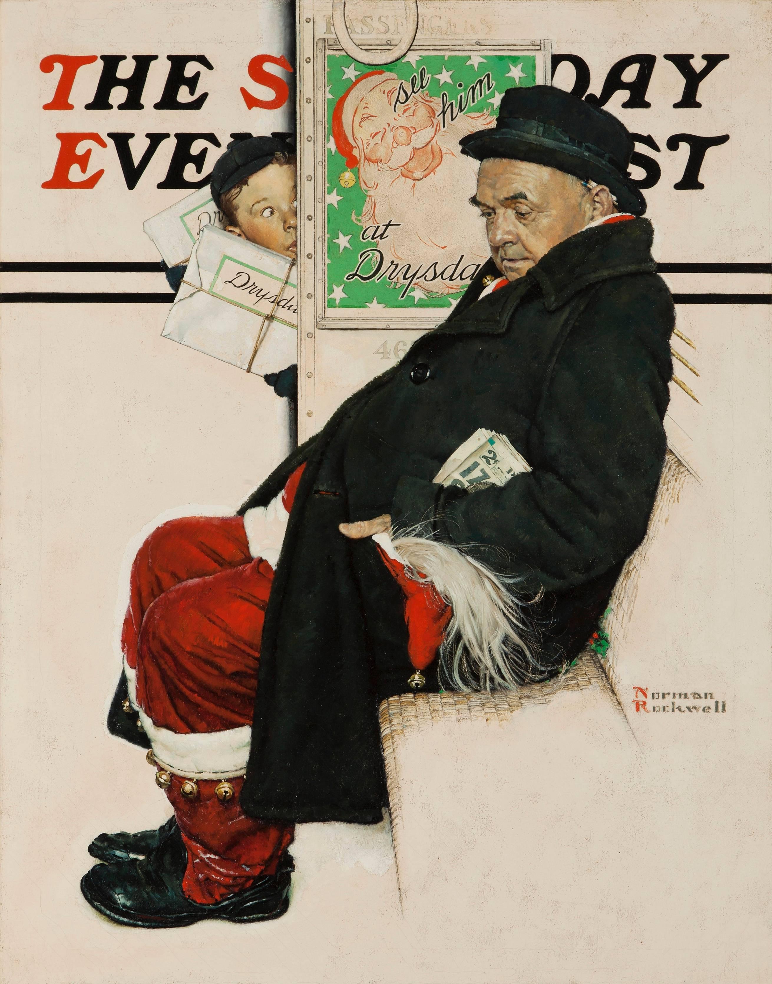 Norman Rockwell Figurative Painting - Santa on Train, Saturday Evening Post Cover