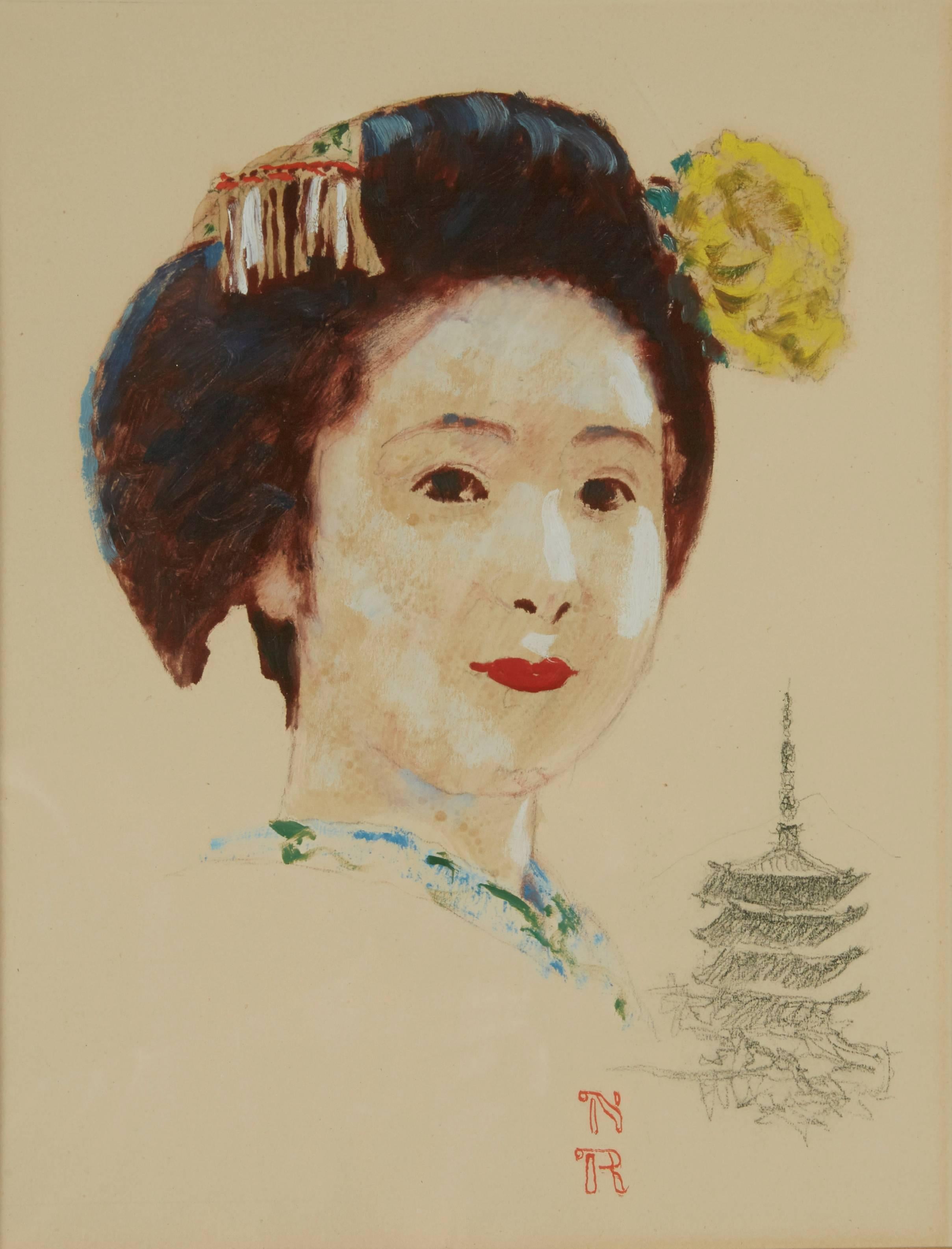 Portrait Painting Norman Rockwell - Portrait d'une fille Geisha, publicité de Pan American World Airways