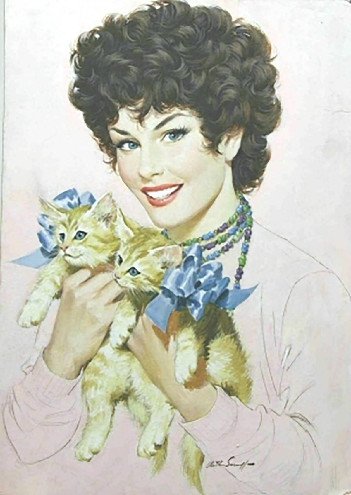 Arthur Sarnoff Portrait Painting - Pretty Girl with Kittens