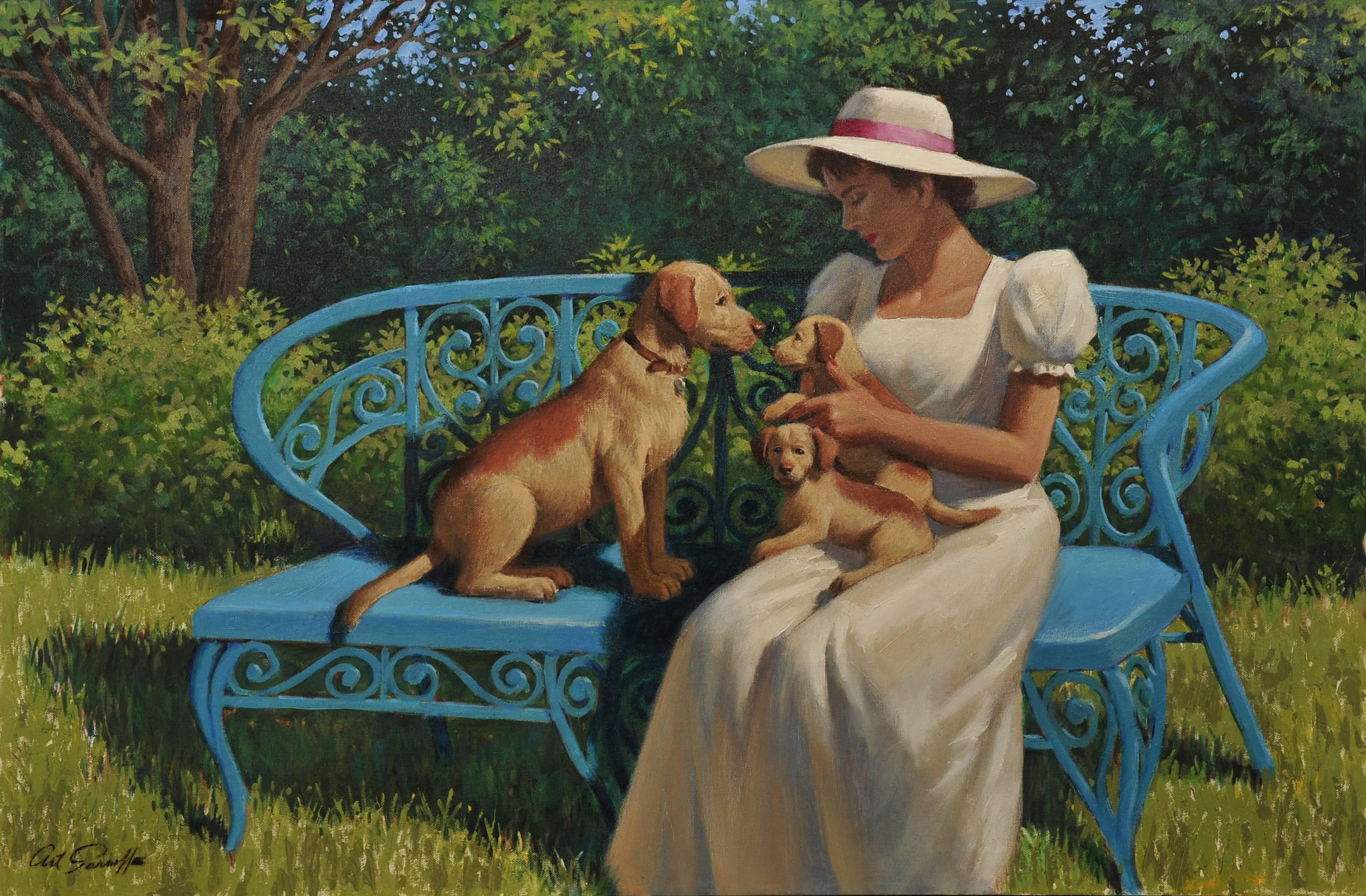 Figurative Painting de Arthur Sarnoff - Mujer en el banco del parque con perros