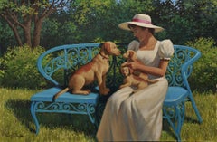 Retro Woman on Park Bench with Dogs