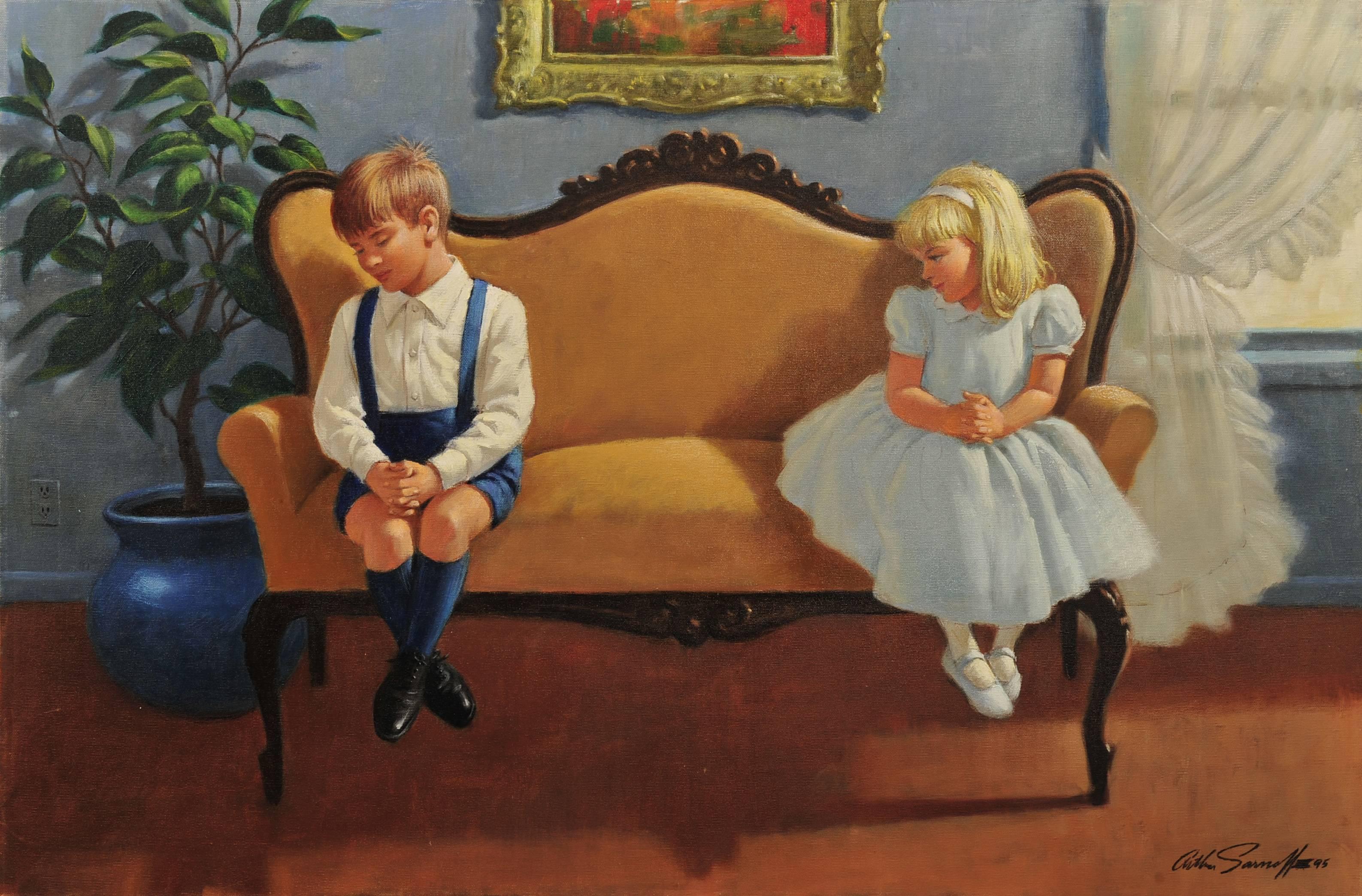Arthur Sarnoff Figurative Painting - Kids Sitting on Love Seat