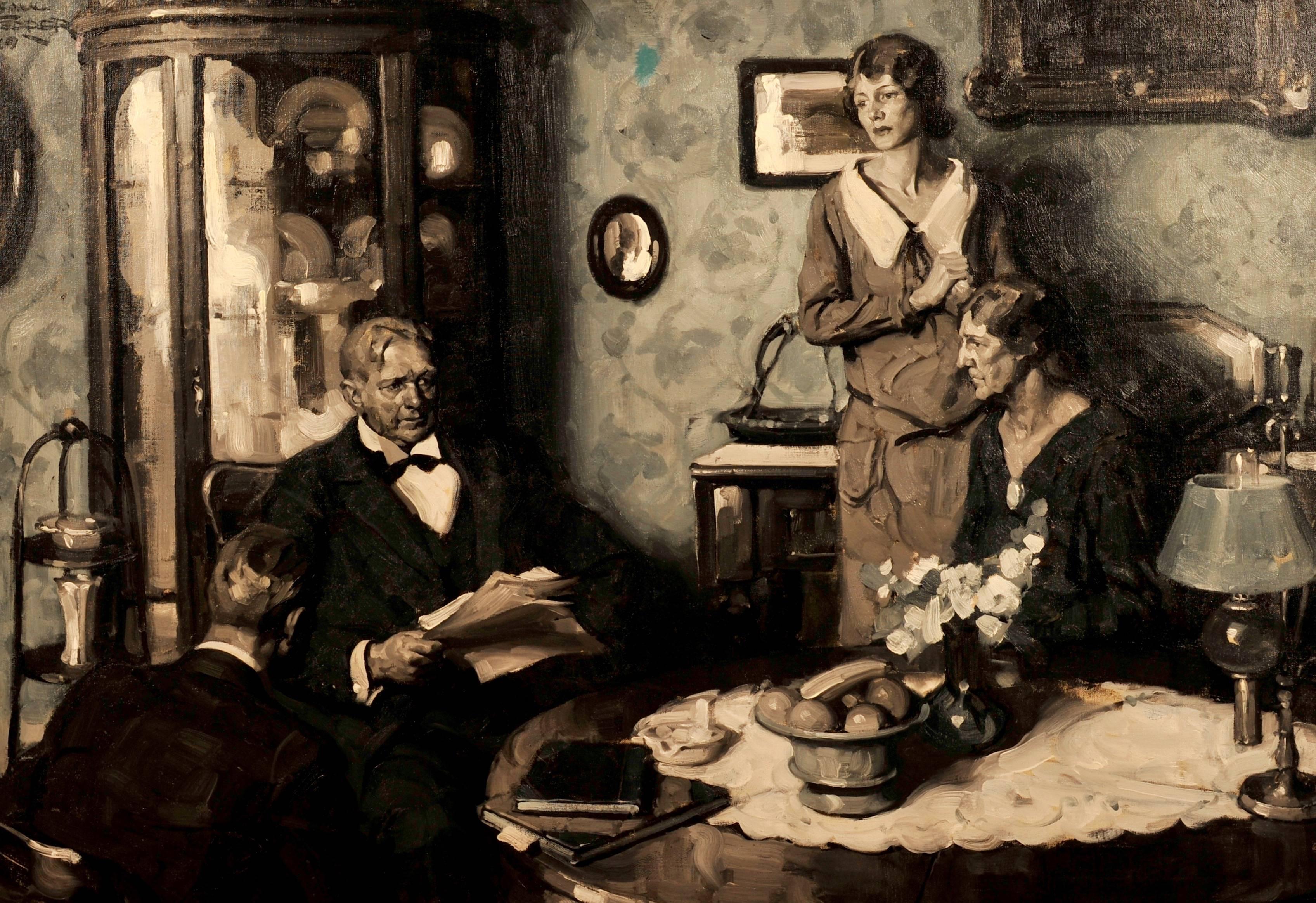 Figurative Painting de Saul Tepper - "Grimly, three were bent into salvaging the gayety.. "Ilustración de la historia de la revista